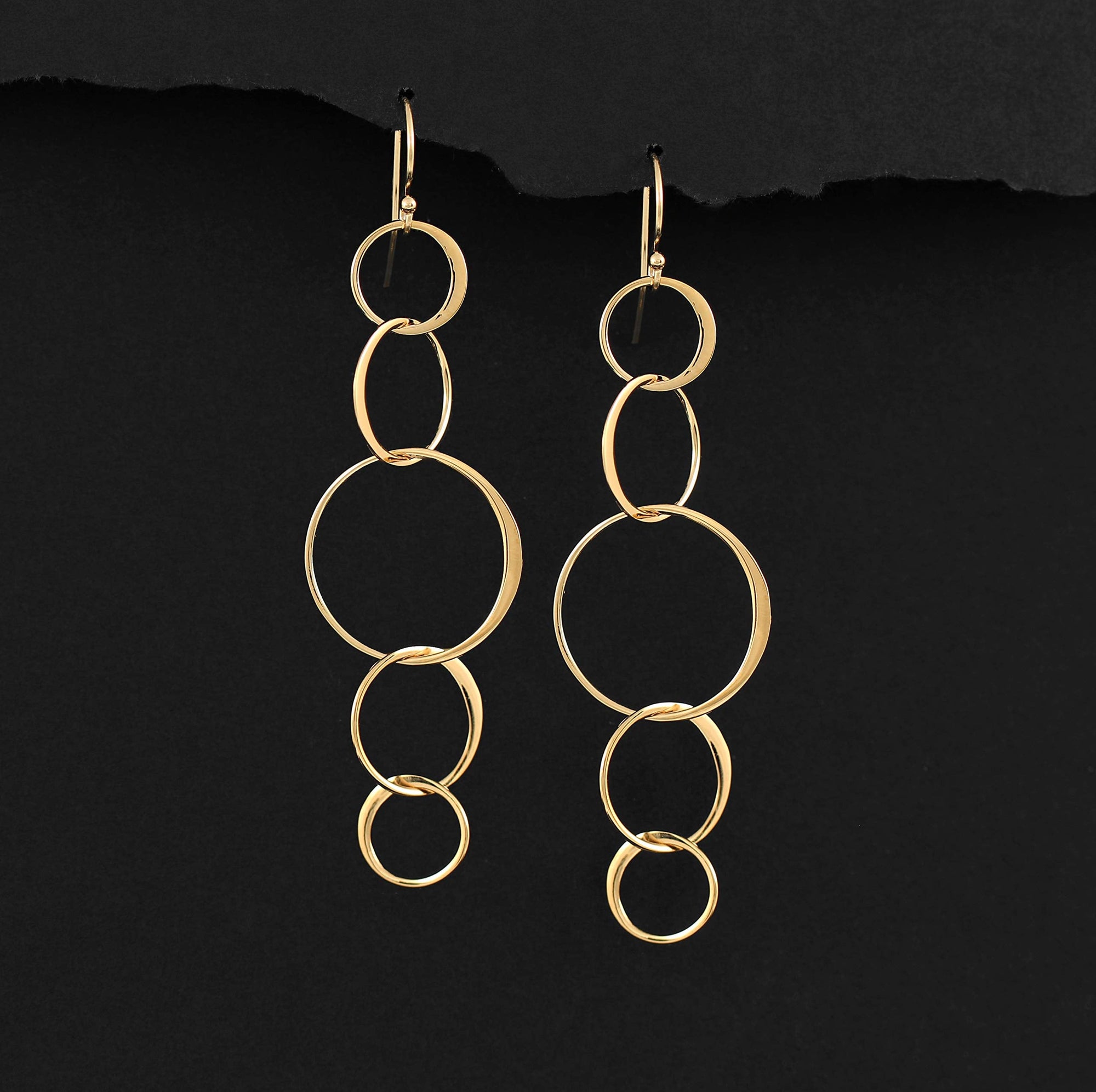 14k Gold Filled 5 Connected Circle Earrings, Statement Earrings, Gold Earrings, Long Earrings, Hoop Earrings, Dangle Drop Earrings, Five Rings, Geometric, Simple, Minimalist Jewelry