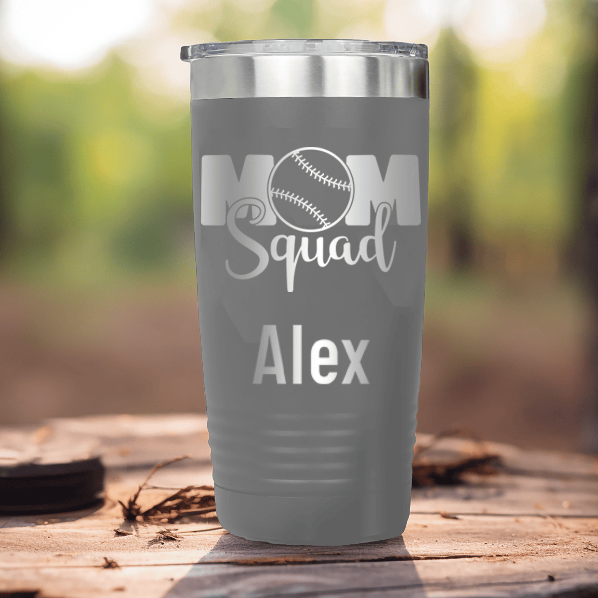 Grey Baseball Mom Tumbler With Baseball Mom Squad Design