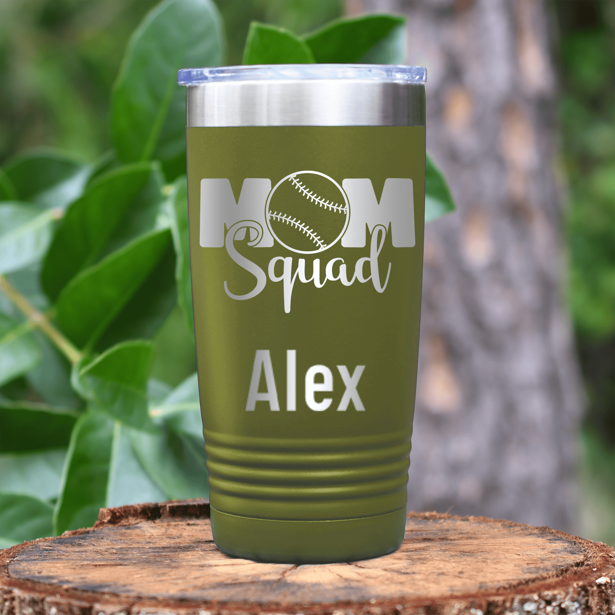 Military Green Baseball Mom Tumbler With Baseball Mom Squad Design