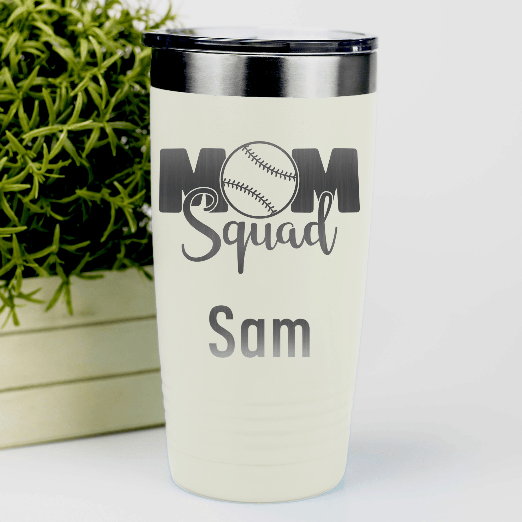 White Baseball Mom Tumbler With Baseball Mom Squad Design