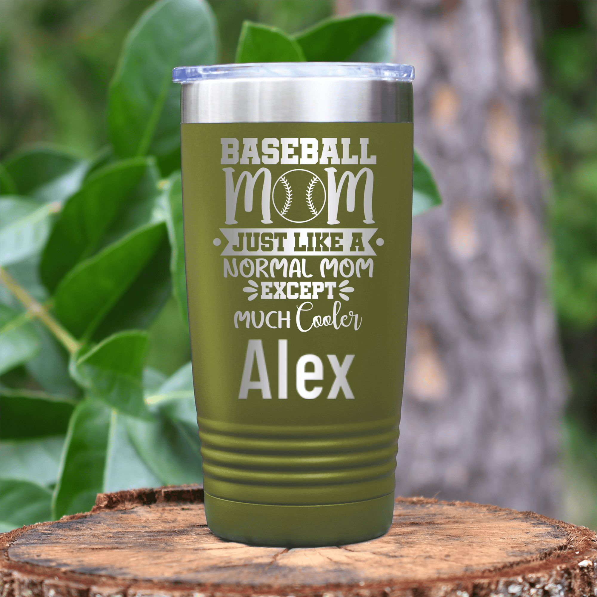 Military Green Baseball Mom Tumbler With Baseball Moms Are Cooler Design