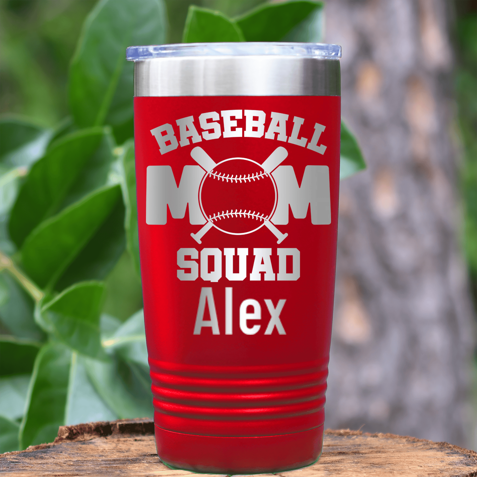 Red Baseball Mom Tumbler With Baseball Squad Moms Design