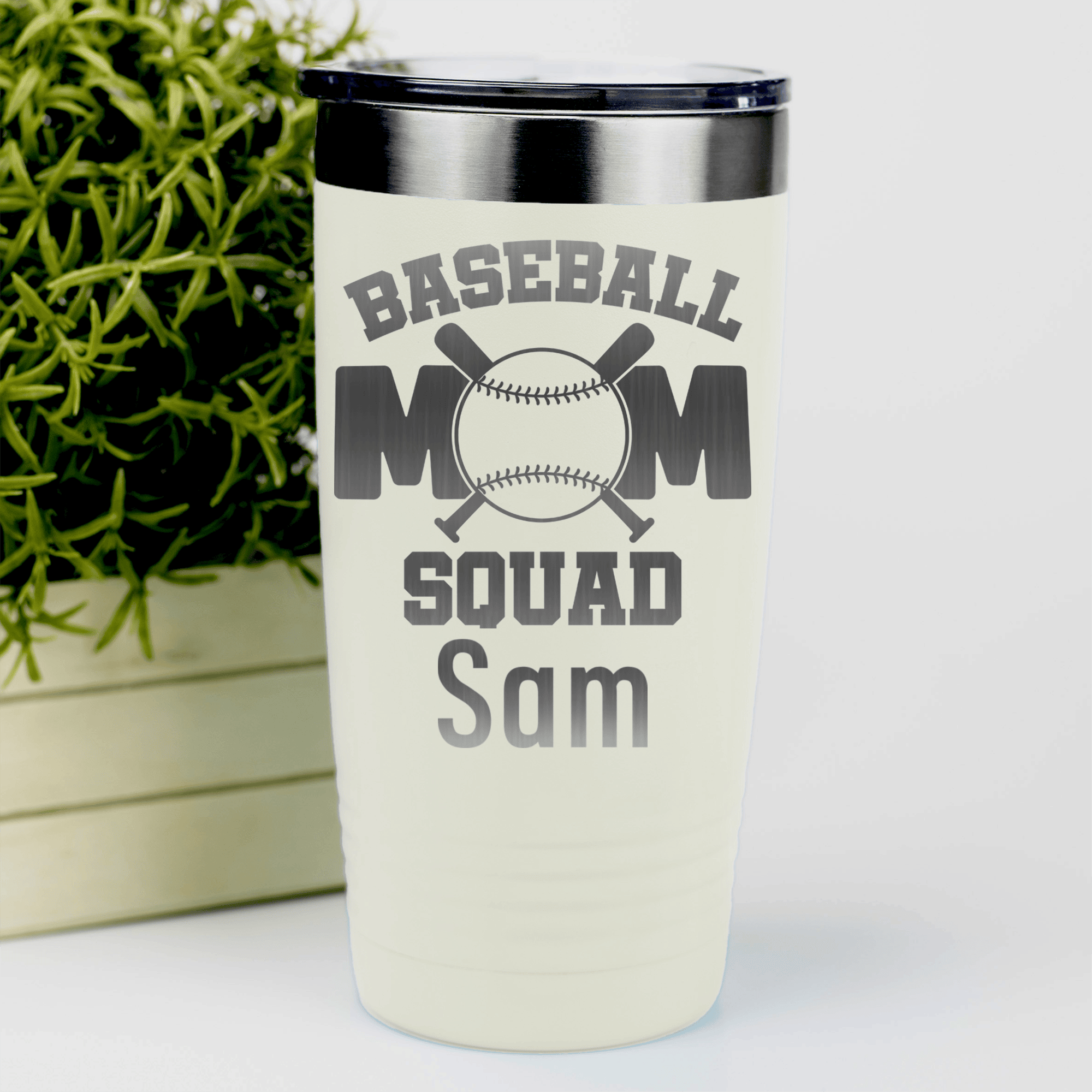 White Baseball Mom Tumbler With Baseball Squad Moms Design