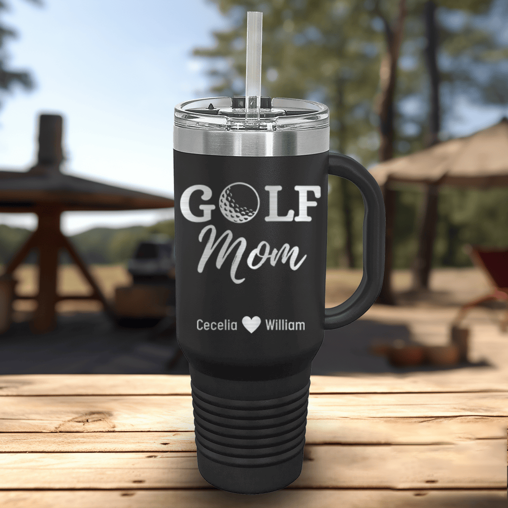 Black Golf Mom Travel Mug With Handle With Best Golf Mom Design