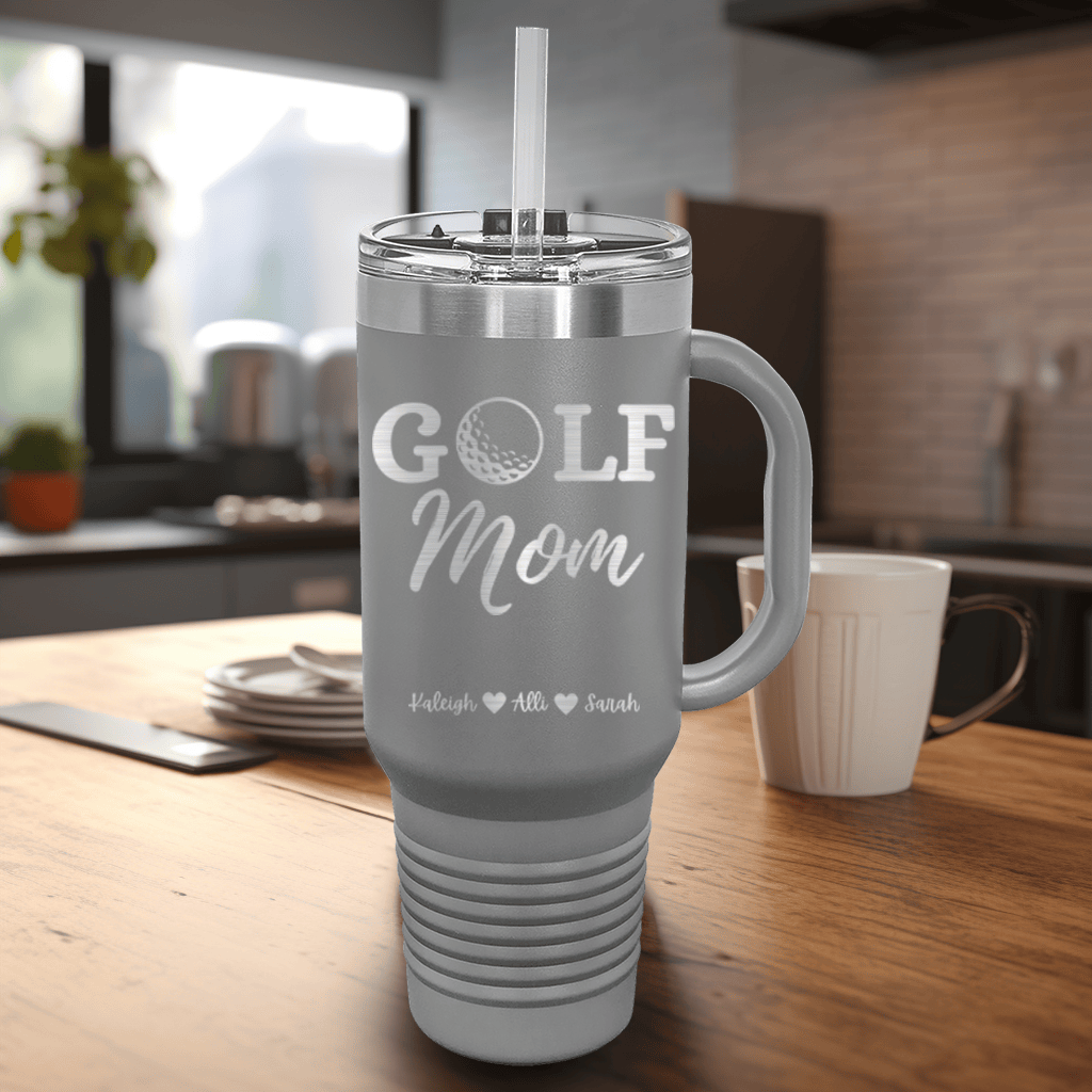 Grey Golf Mom Travel Mug With Handle With Best Golf Mom Design