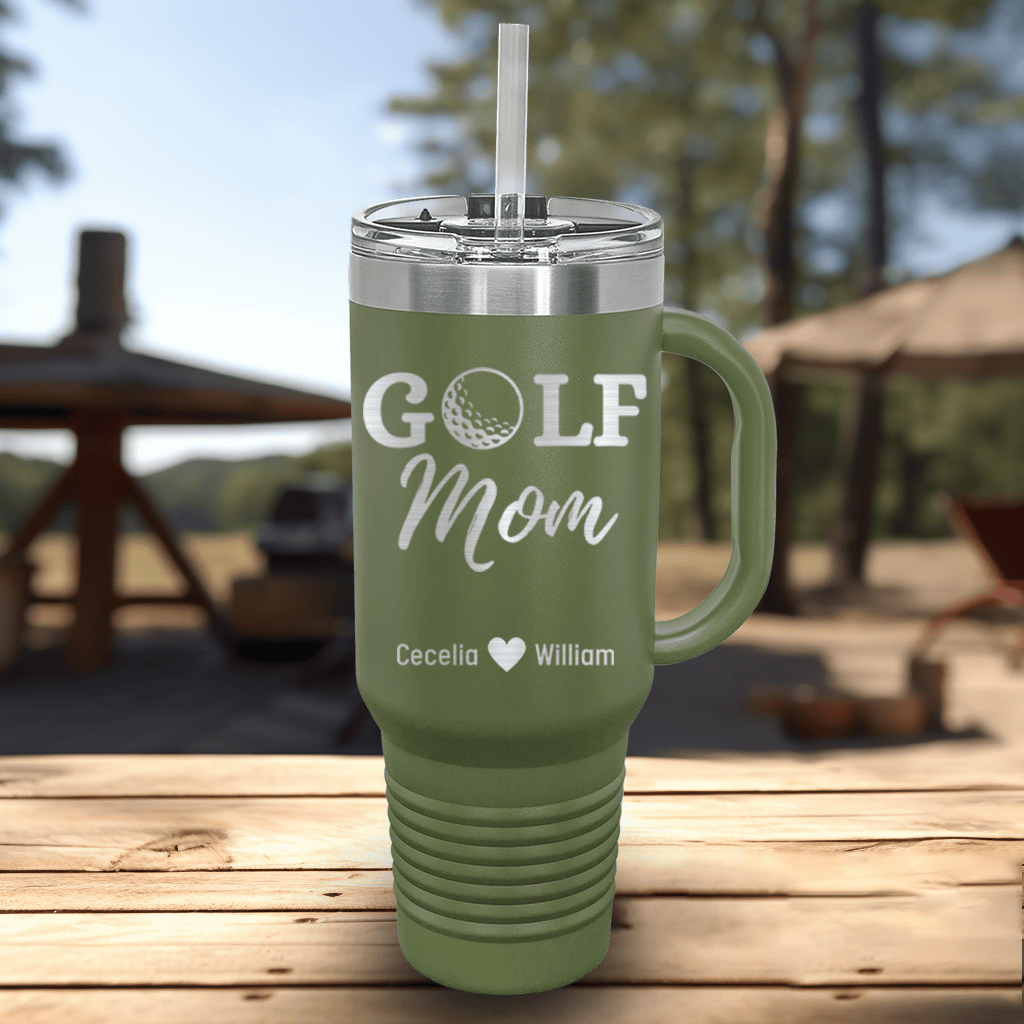 Military Green Golf Mom Travel Mug With Handle With Best Golf Mom Design