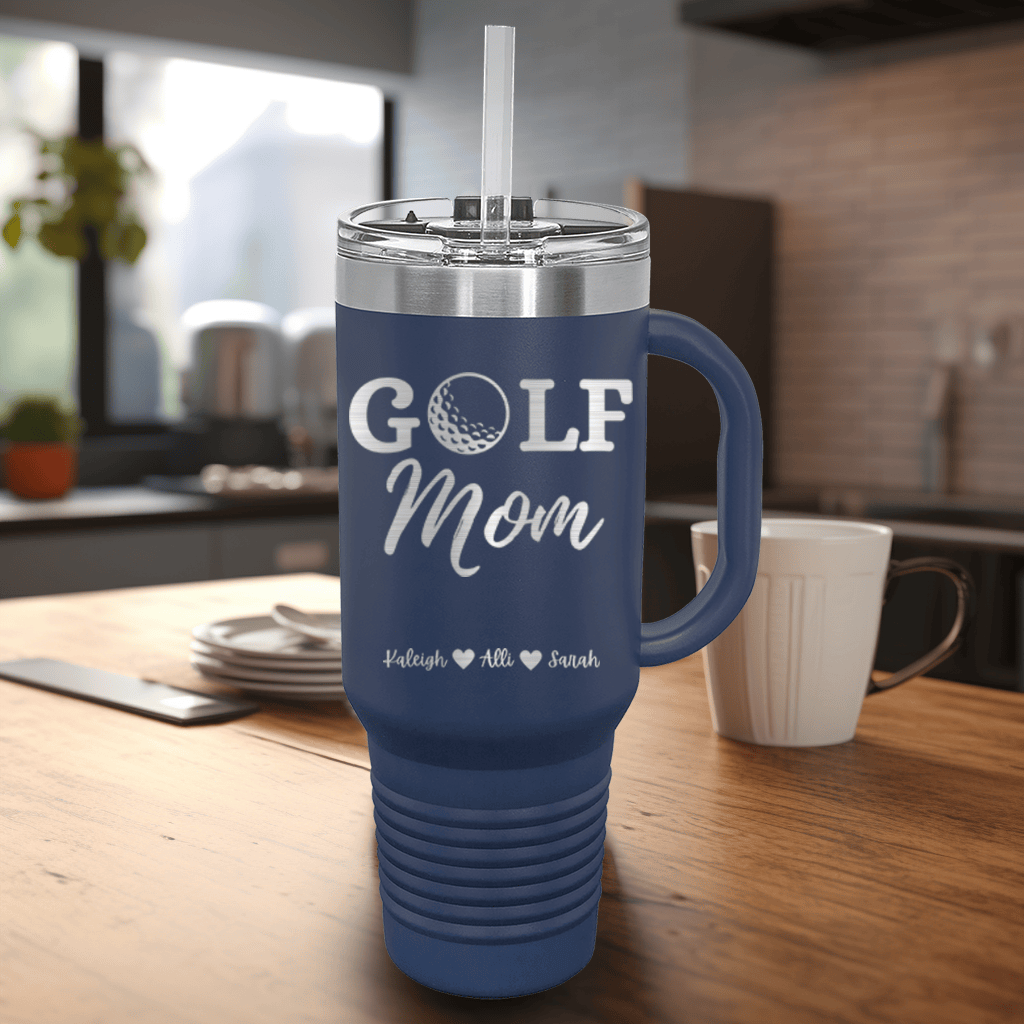 Navy Golf Mom Travel Mug With Handle With Best Golf Mom Design