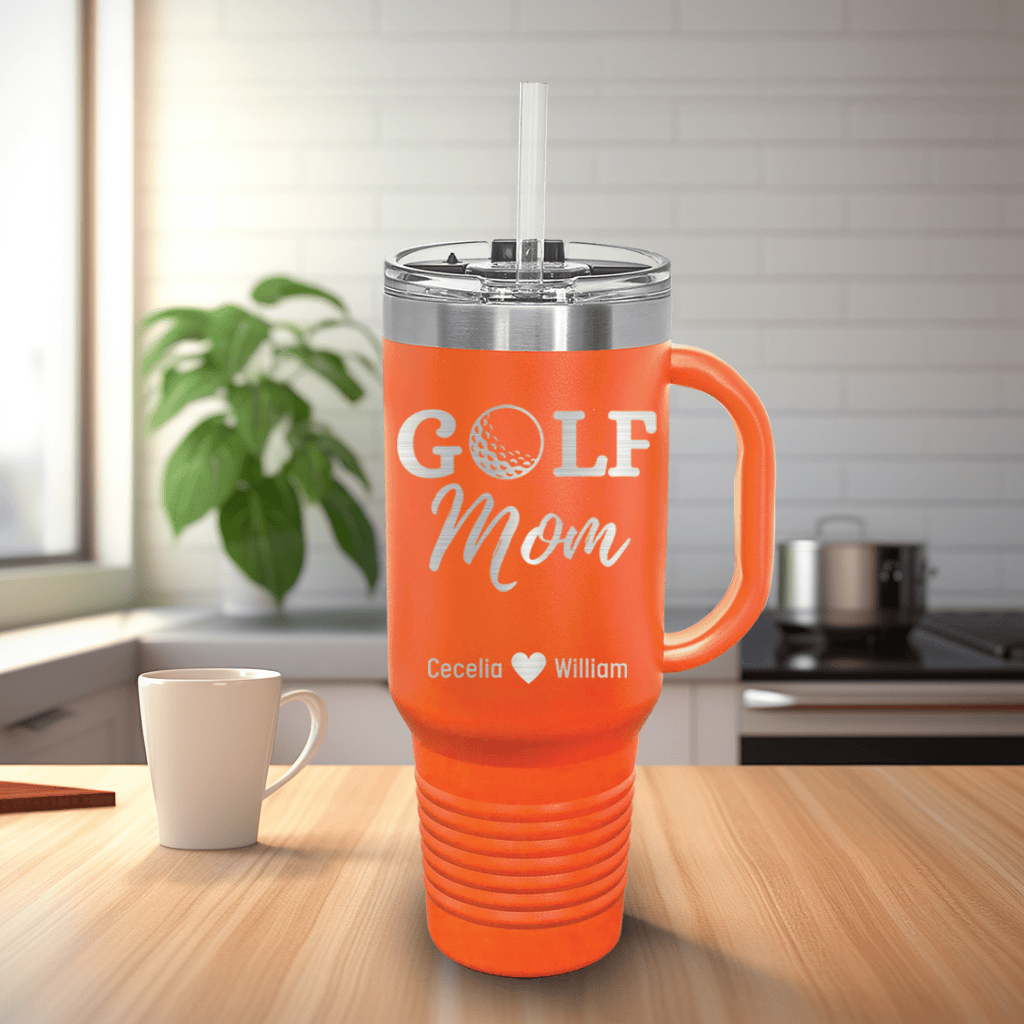 Orange Golf Mom Travel Mug With Handle With Best Golf Mom Design