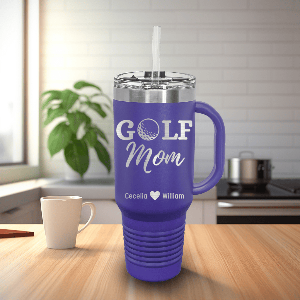 Purple Golf Mom Travel Mug With Handle With Best Golf Mom Design