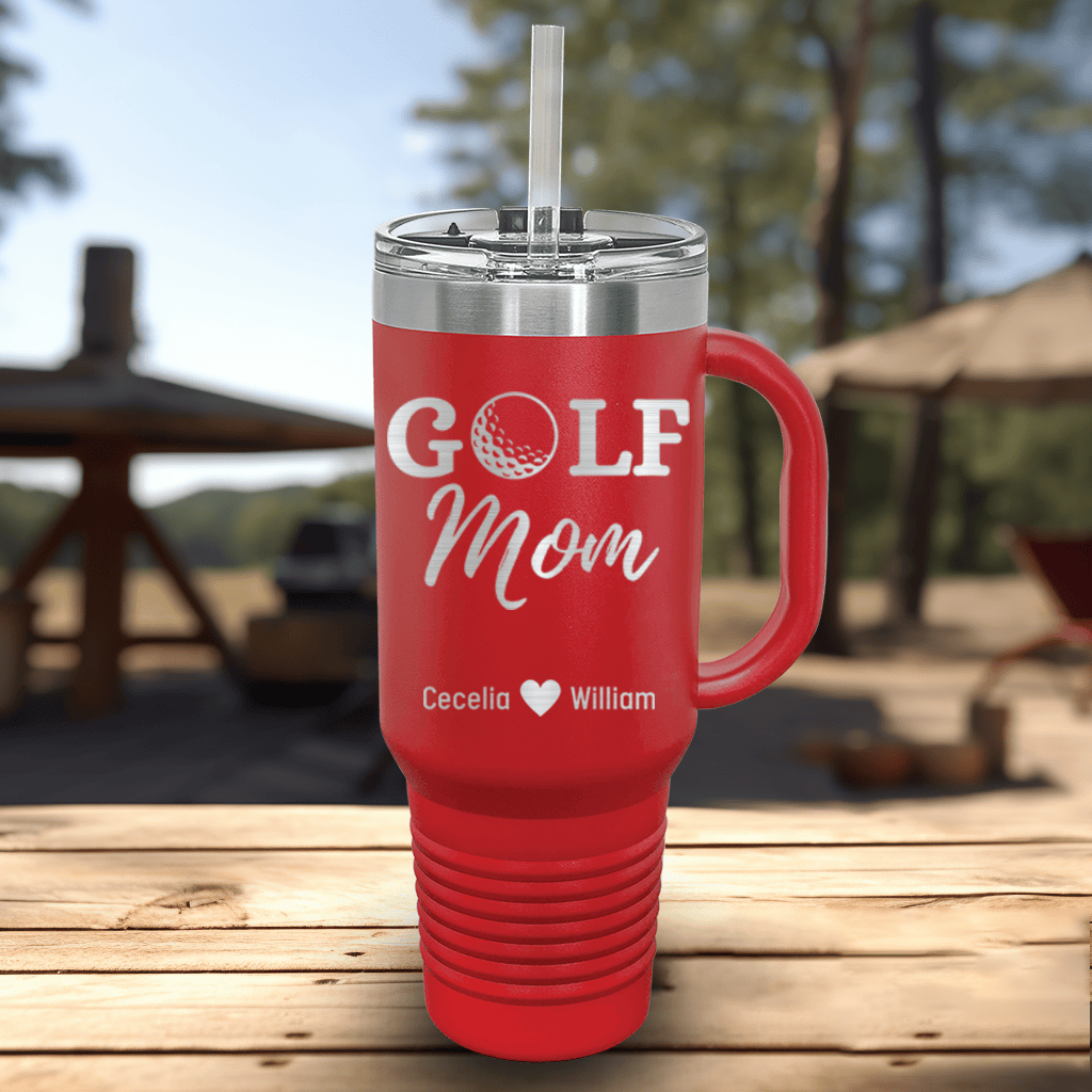 Red Golf Mom Travel Mug With Handle With Best Golf Mom Design