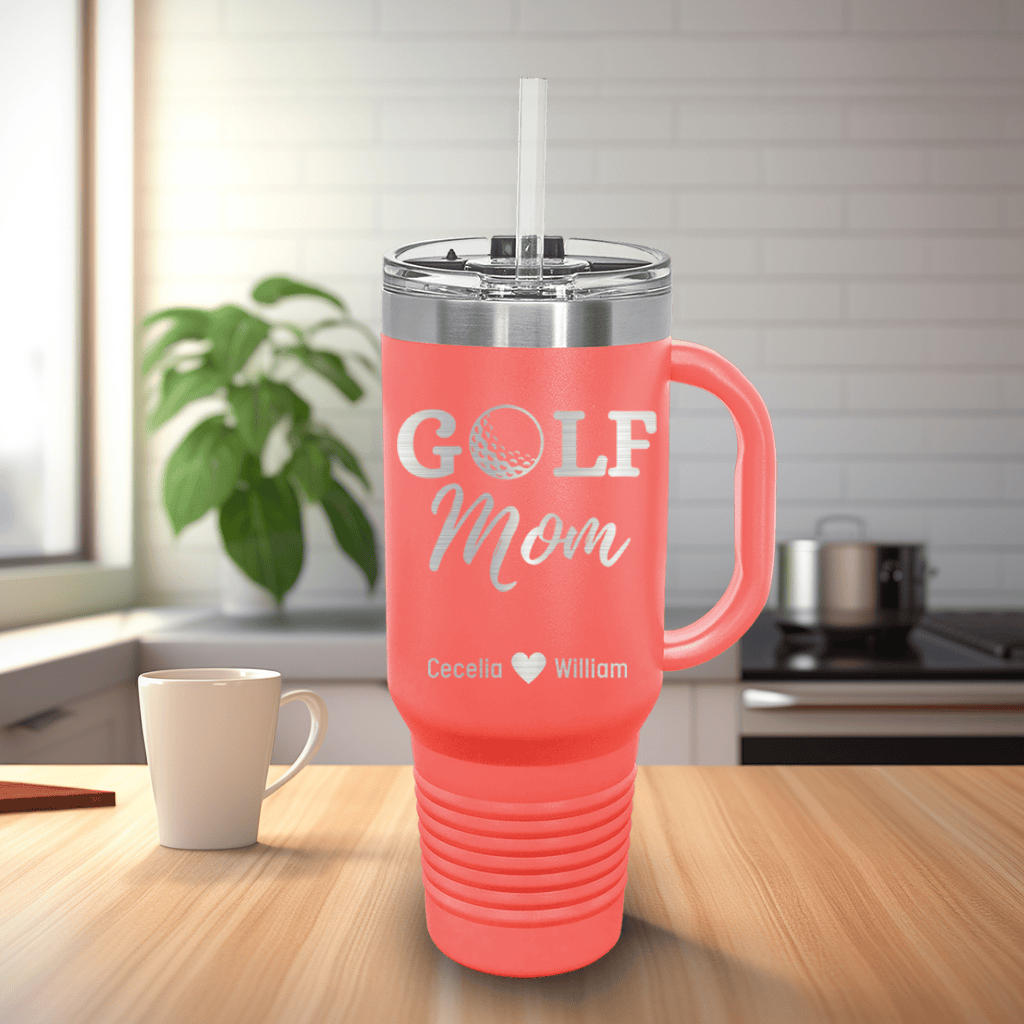 Salmon Golf Mom Travel Mug With Handle With Best Golf Mom Design