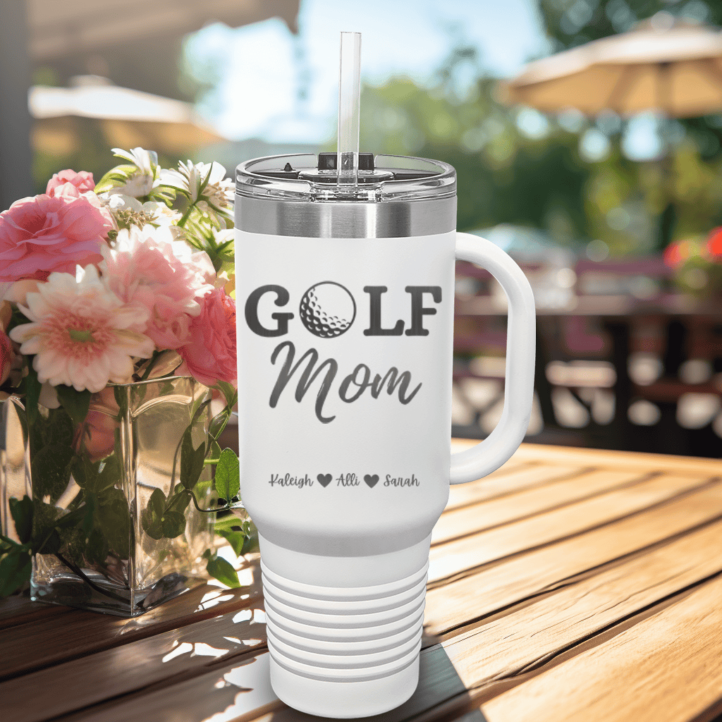 White Golf Mom Travel Mug With Handle With Best Golf Mom Design