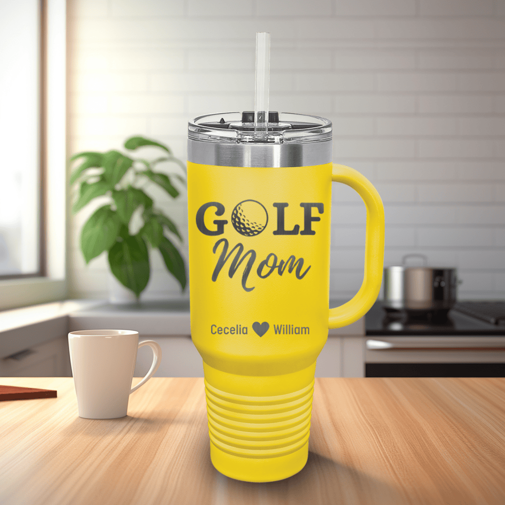 Yellow Golf Mom Travel Mug With Handle With Best Golf Mom Design