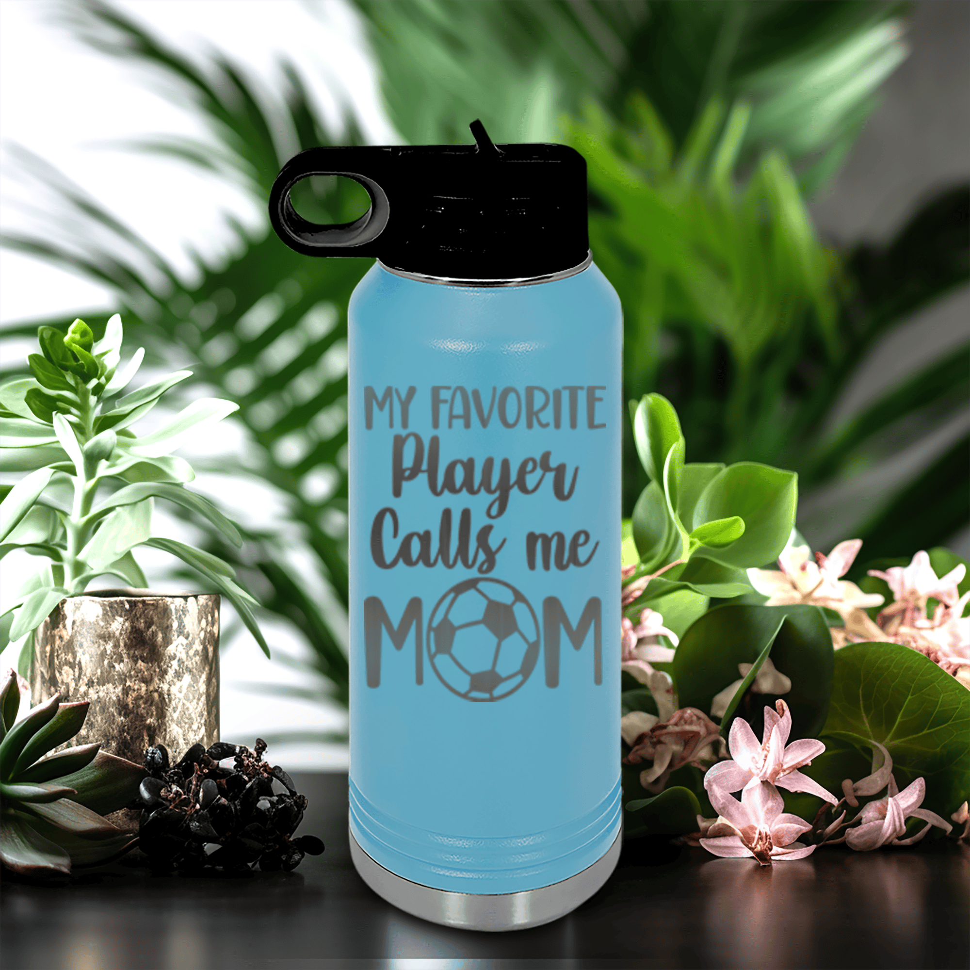 Light Blue Soccer Water Bottle With Best Soccer Mom Design