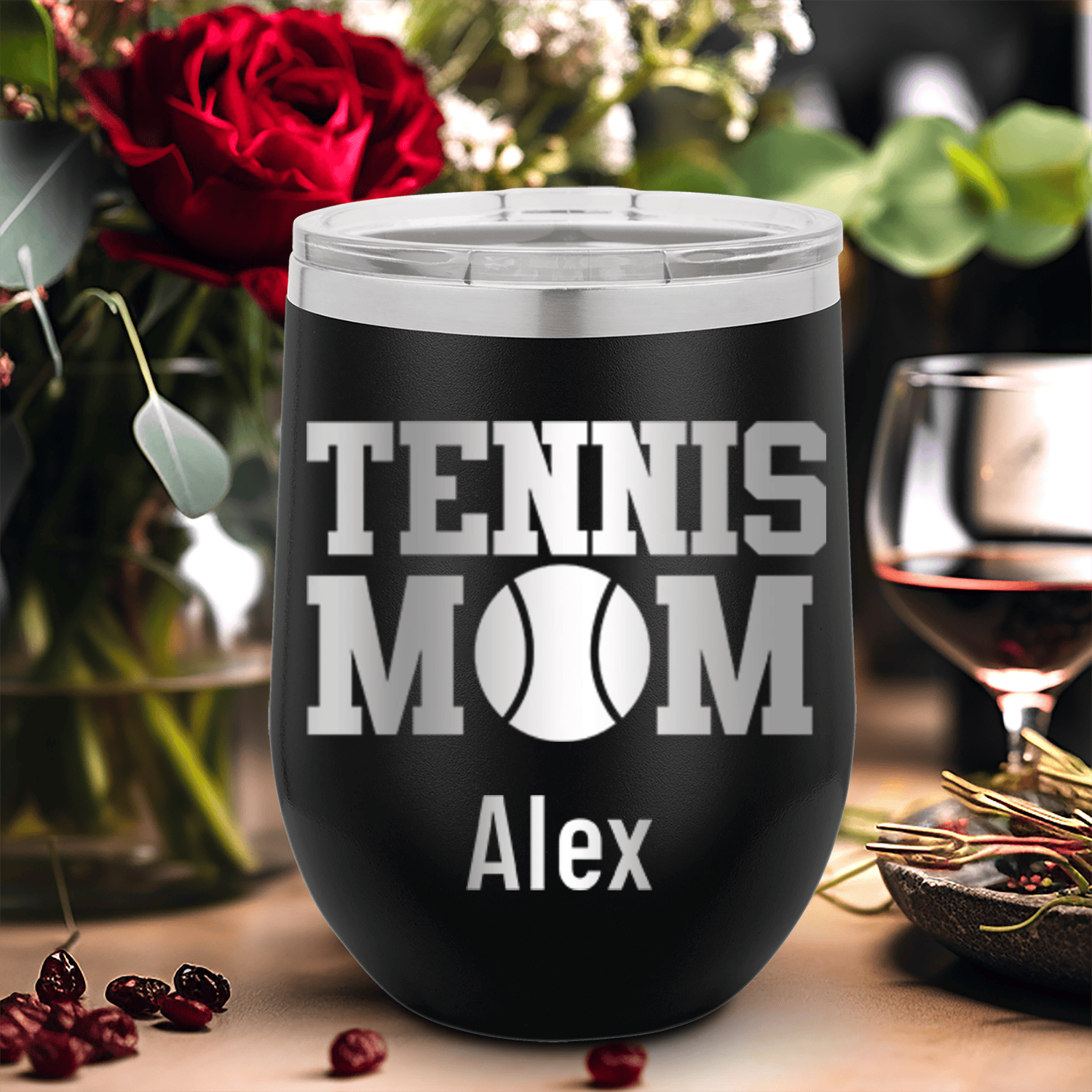 Black Tennis For Her Wine Tumbler With Best Tennis Mom Design