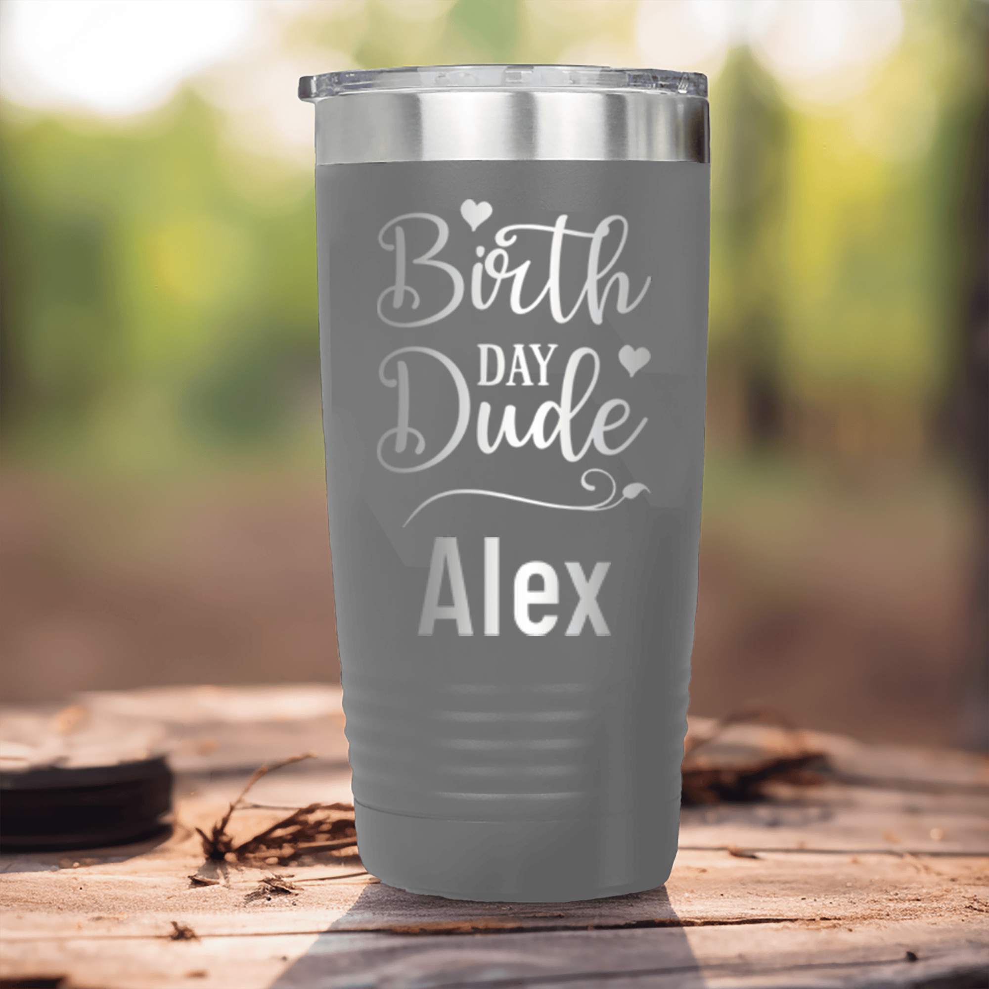 Grey Birthday Tumbler With Birth Day Dude Design