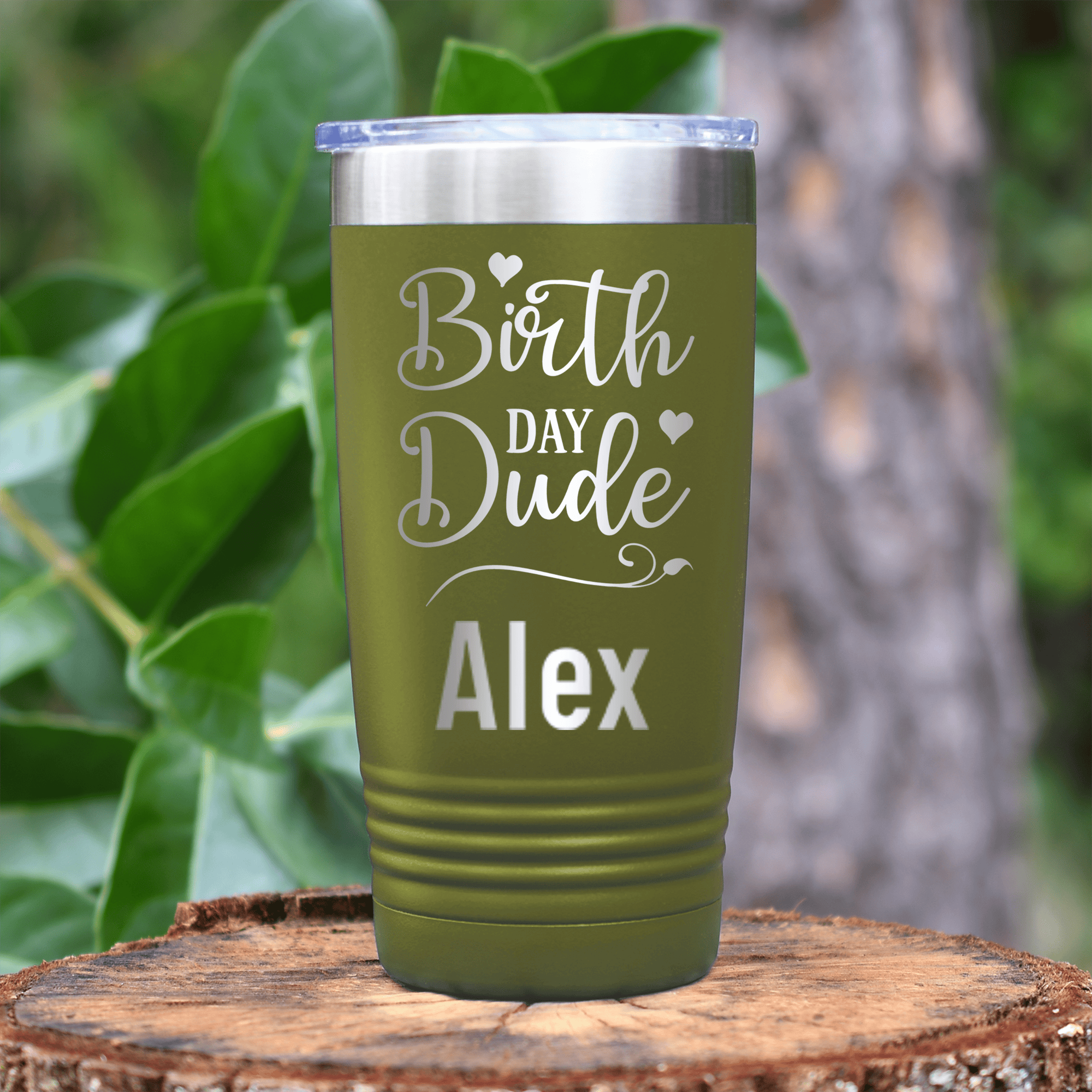 Military Green Birthday Tumbler With Birth Day Dude Design