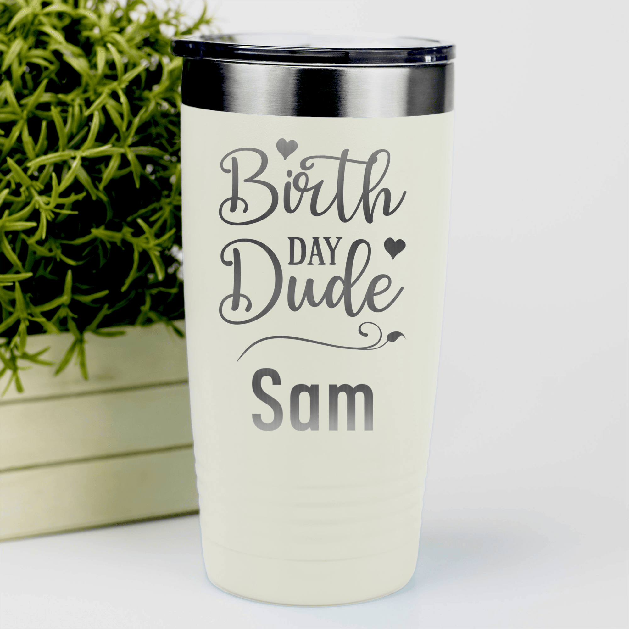 White Birthday Tumbler With Birth Day Dude Design