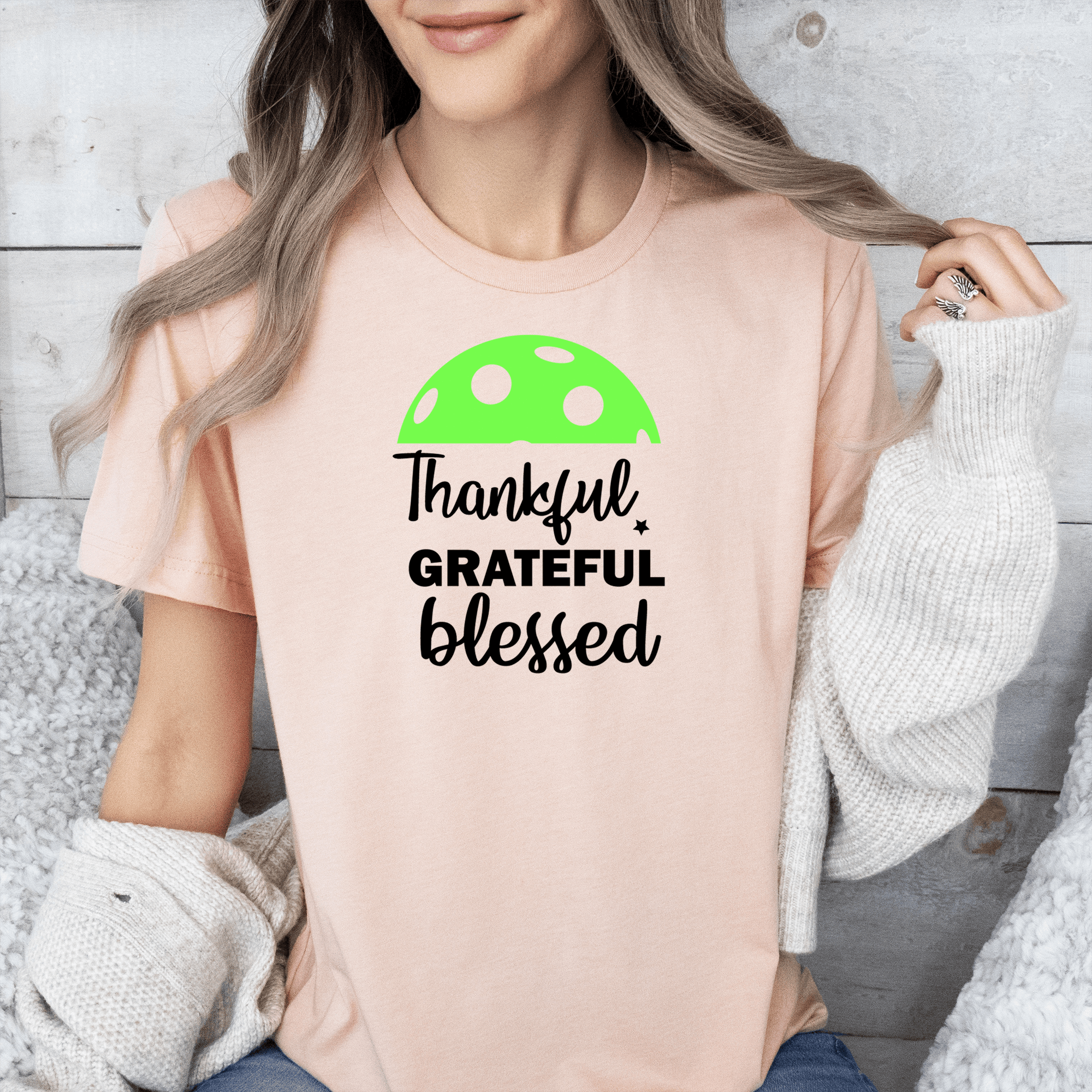 Womens Heather Peach T Shirt with Blessed-For-Pickleball design