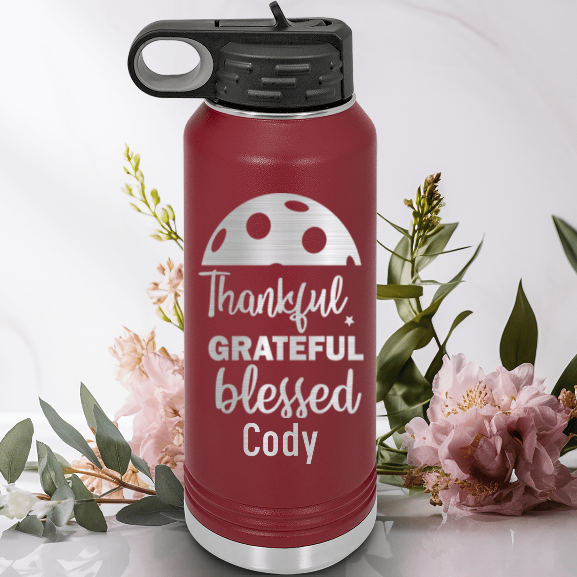 Maroon Pickleball Water Bottle With Blessed For Pickleball Design