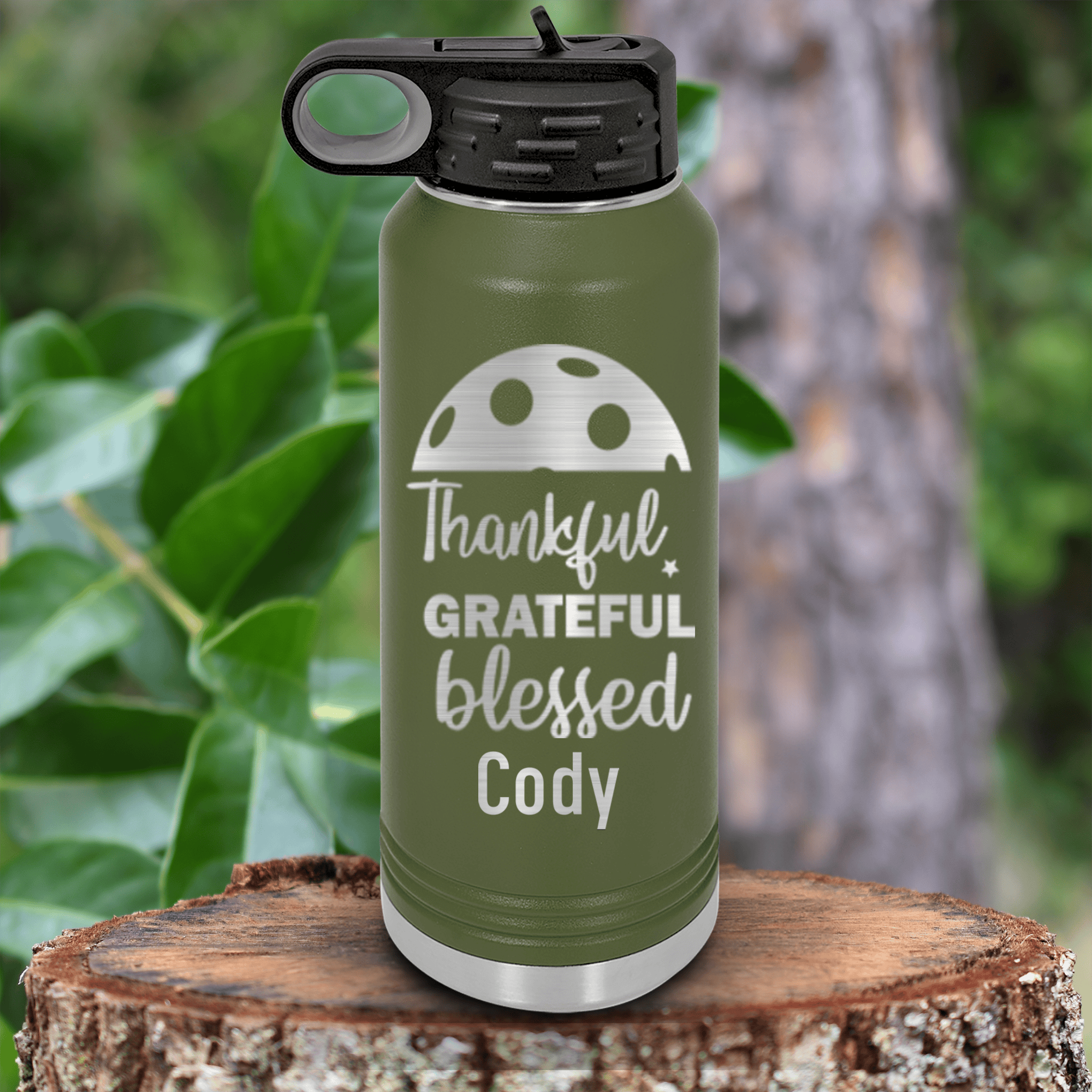 Military Green Pickleball Water Bottle With Blessed For Pickleball Design