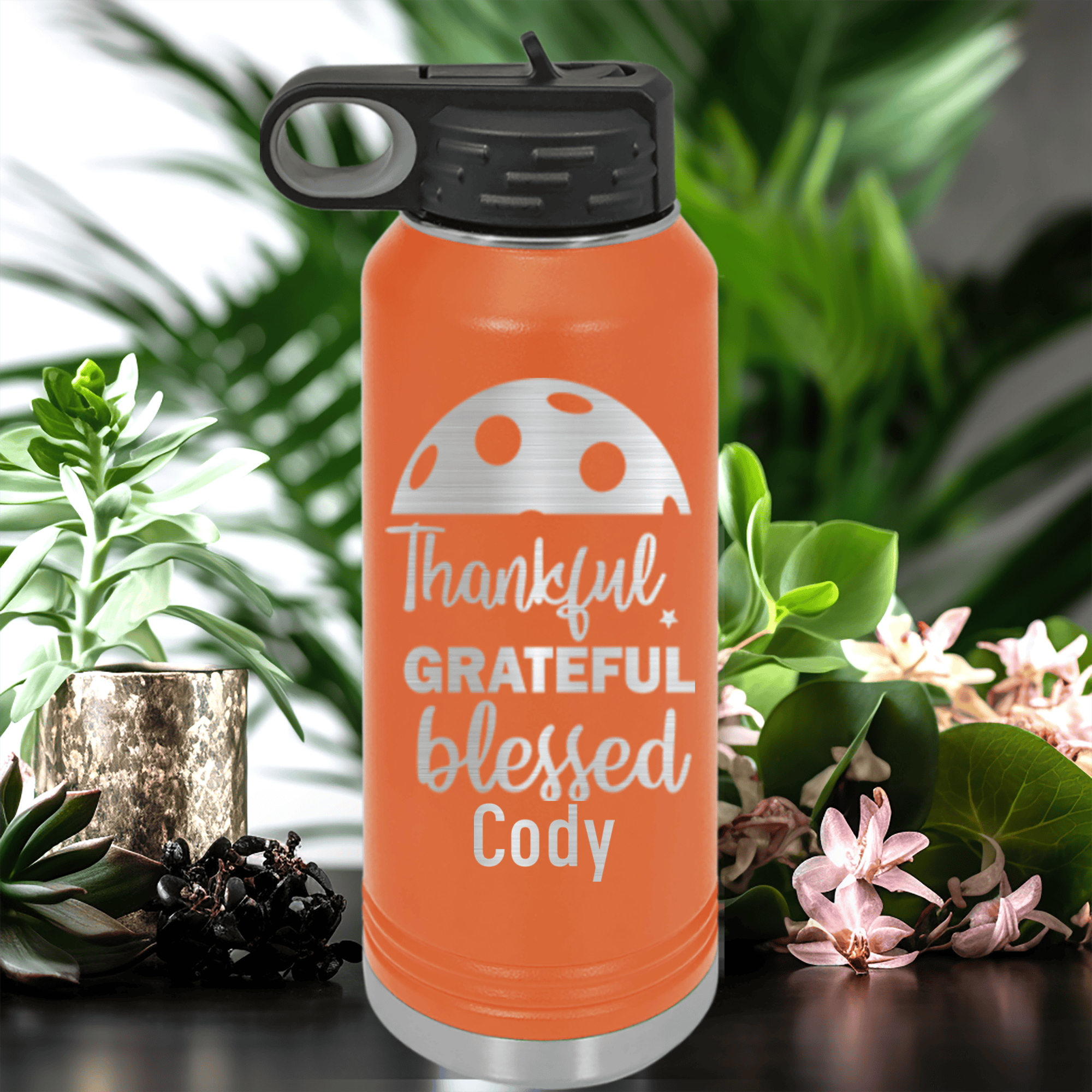 Orange Pickleball Water Bottle With Blessed For Pickleball Design