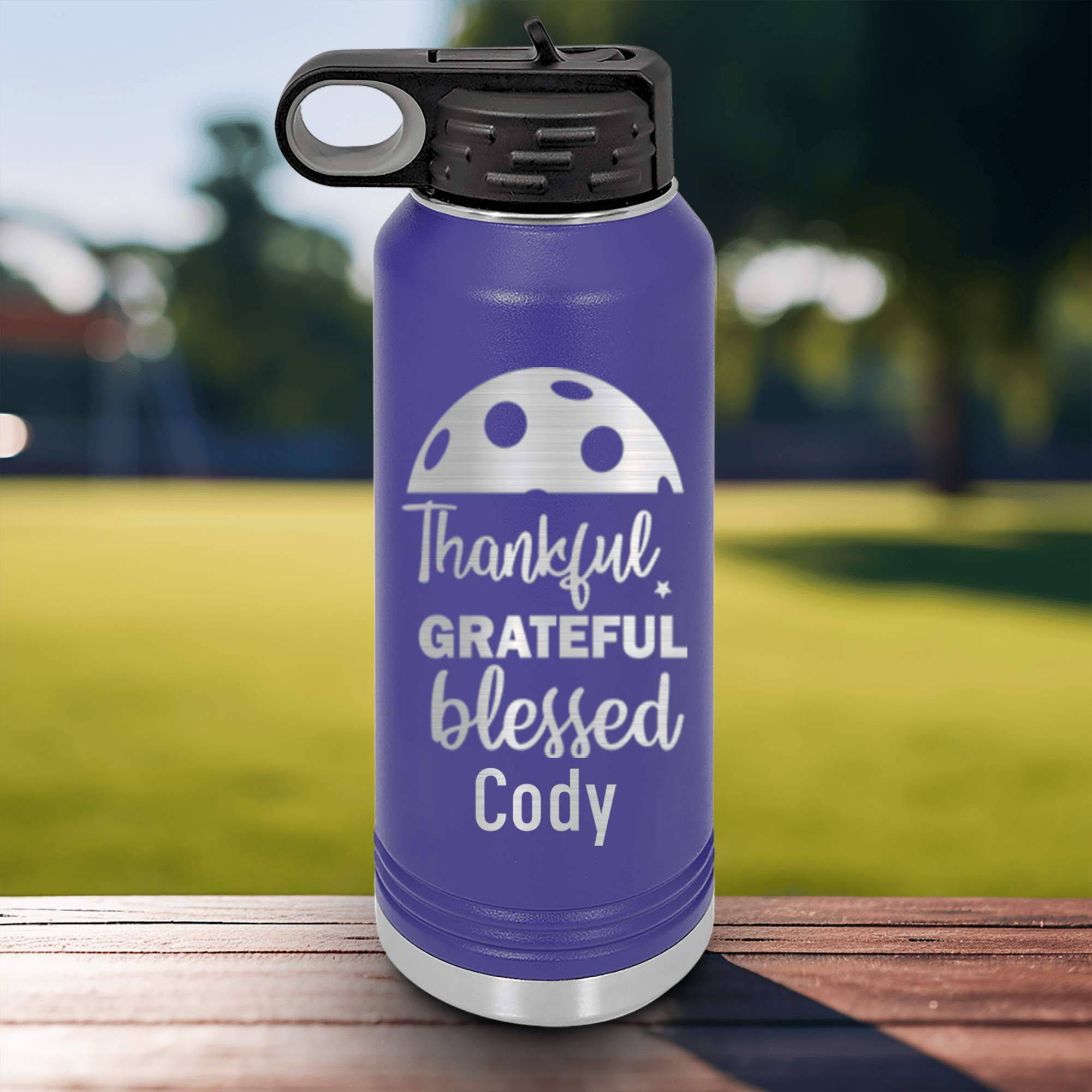 Purple Pickleball Water Bottle With Blessed For Pickleball Design