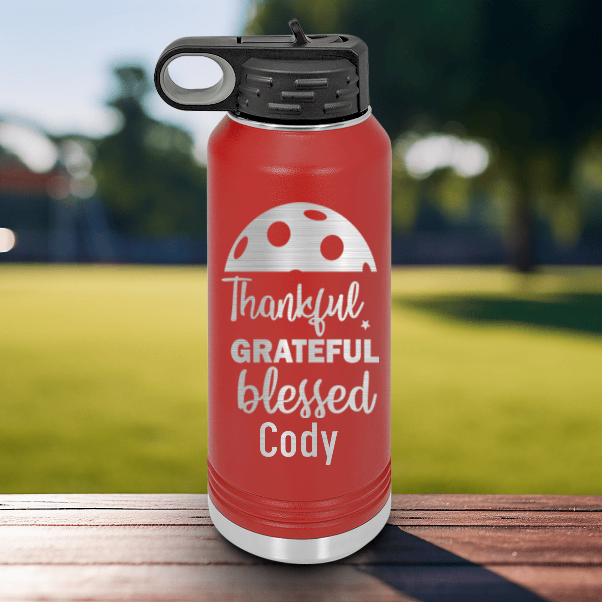 Red Pickleball Water Bottle With Blessed For Pickleball Design