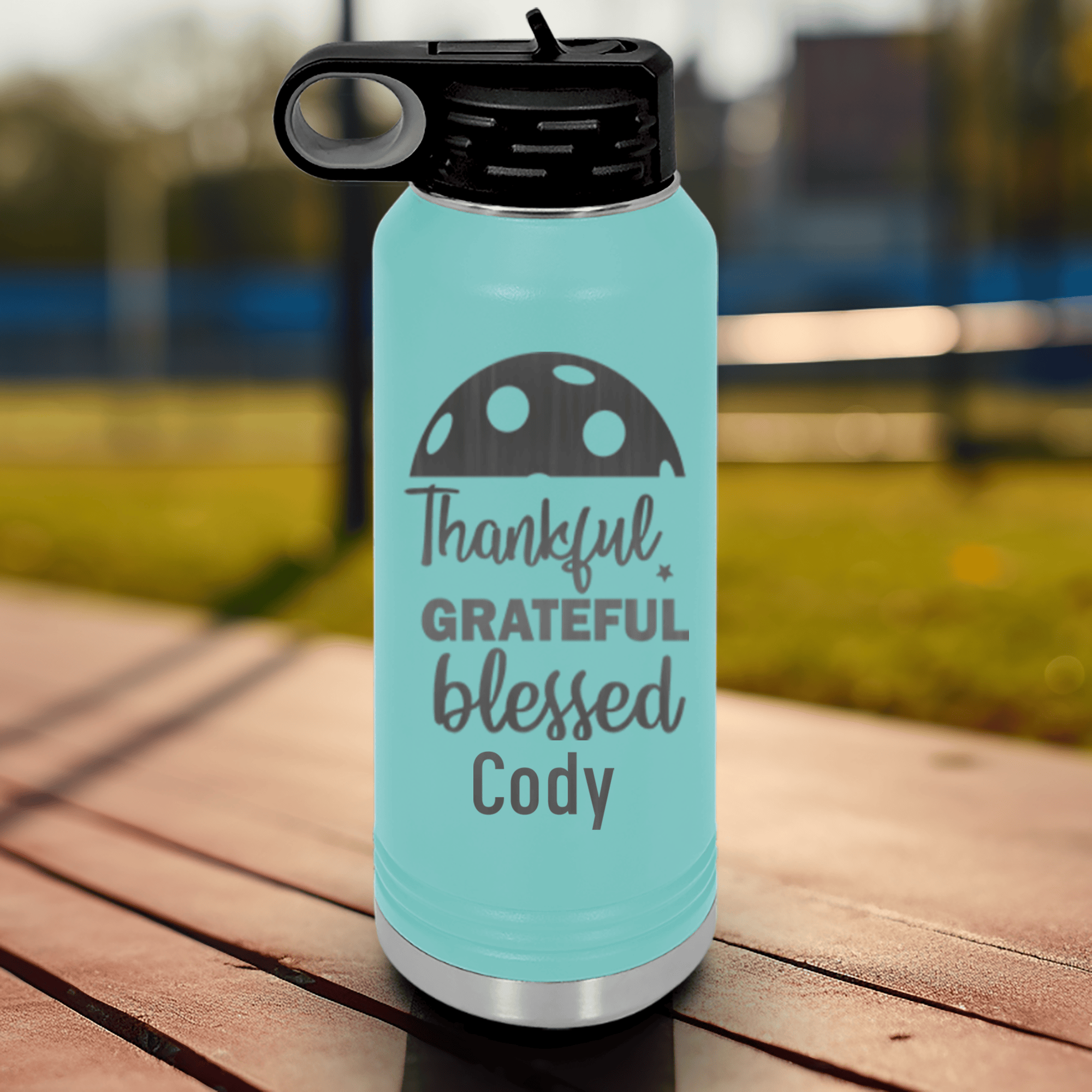 Teal Pickleball Water Bottle With Blessed For Pickleball Design