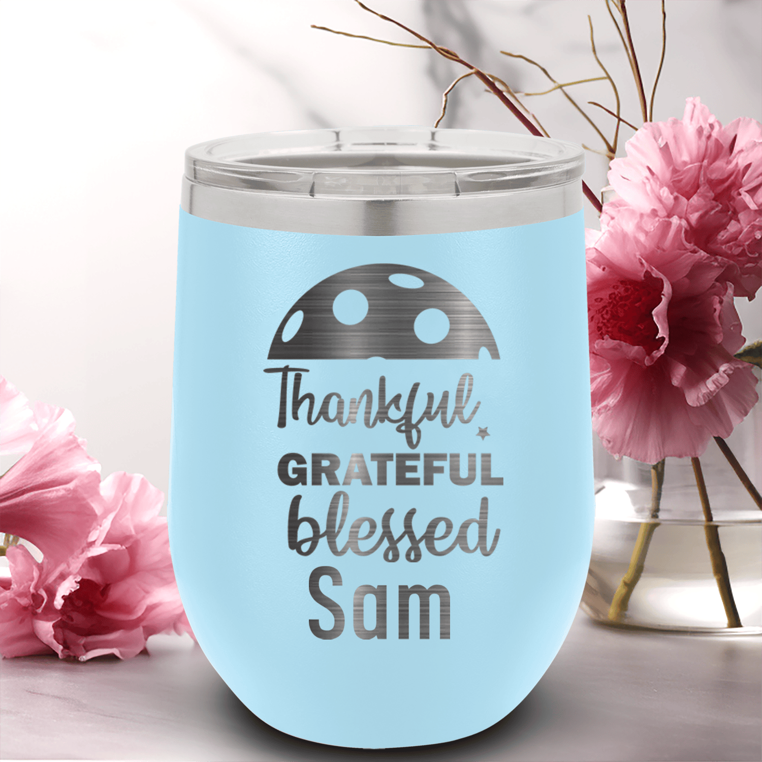 Light Blue Pickleball Wine Tumbler With Blessed For Pickleball Design