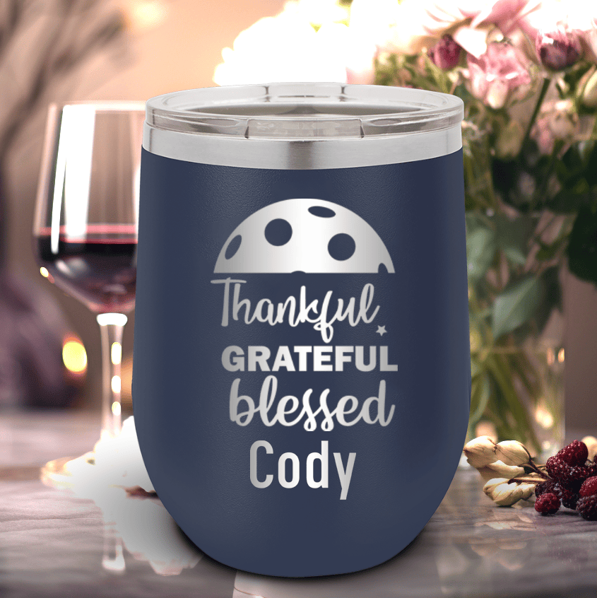 Navy Pickleball Wine Tumbler With Blessed For Pickleball Design