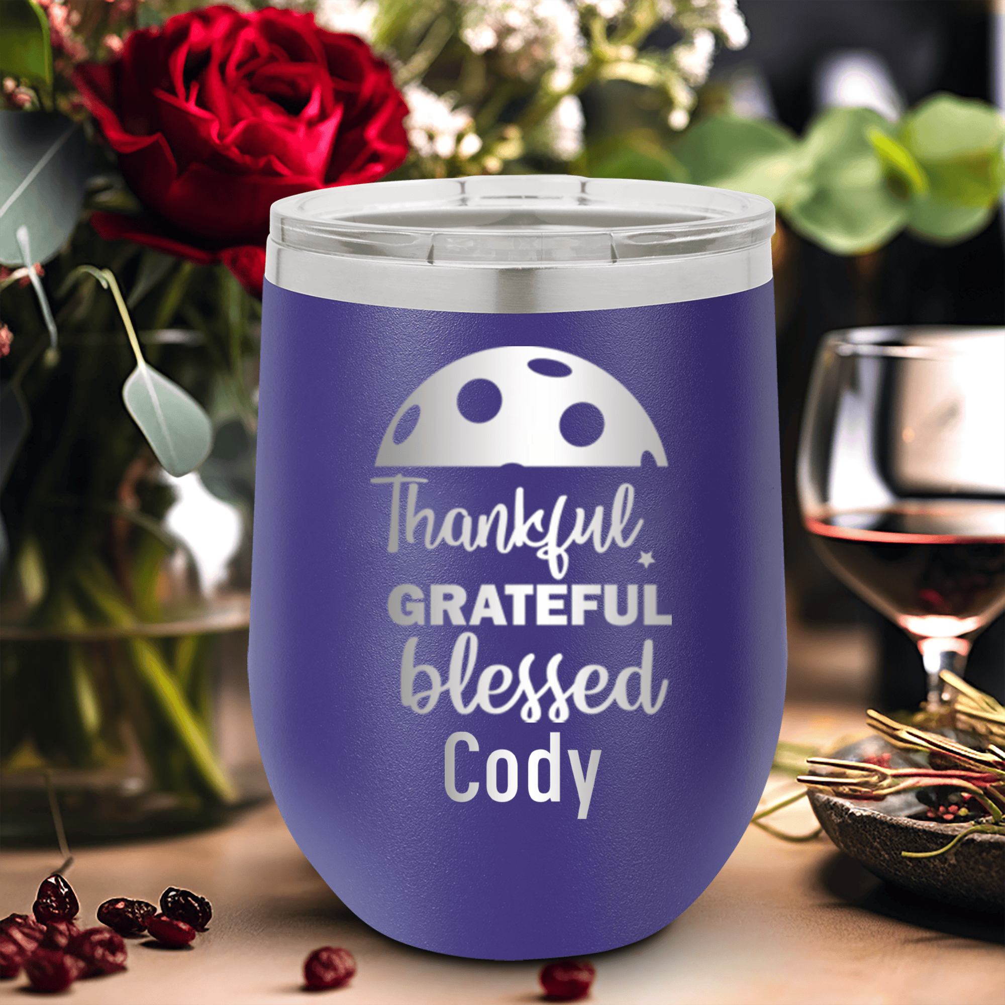 Purple Pickleball Wine Tumbler With Blessed For Pickleball Design