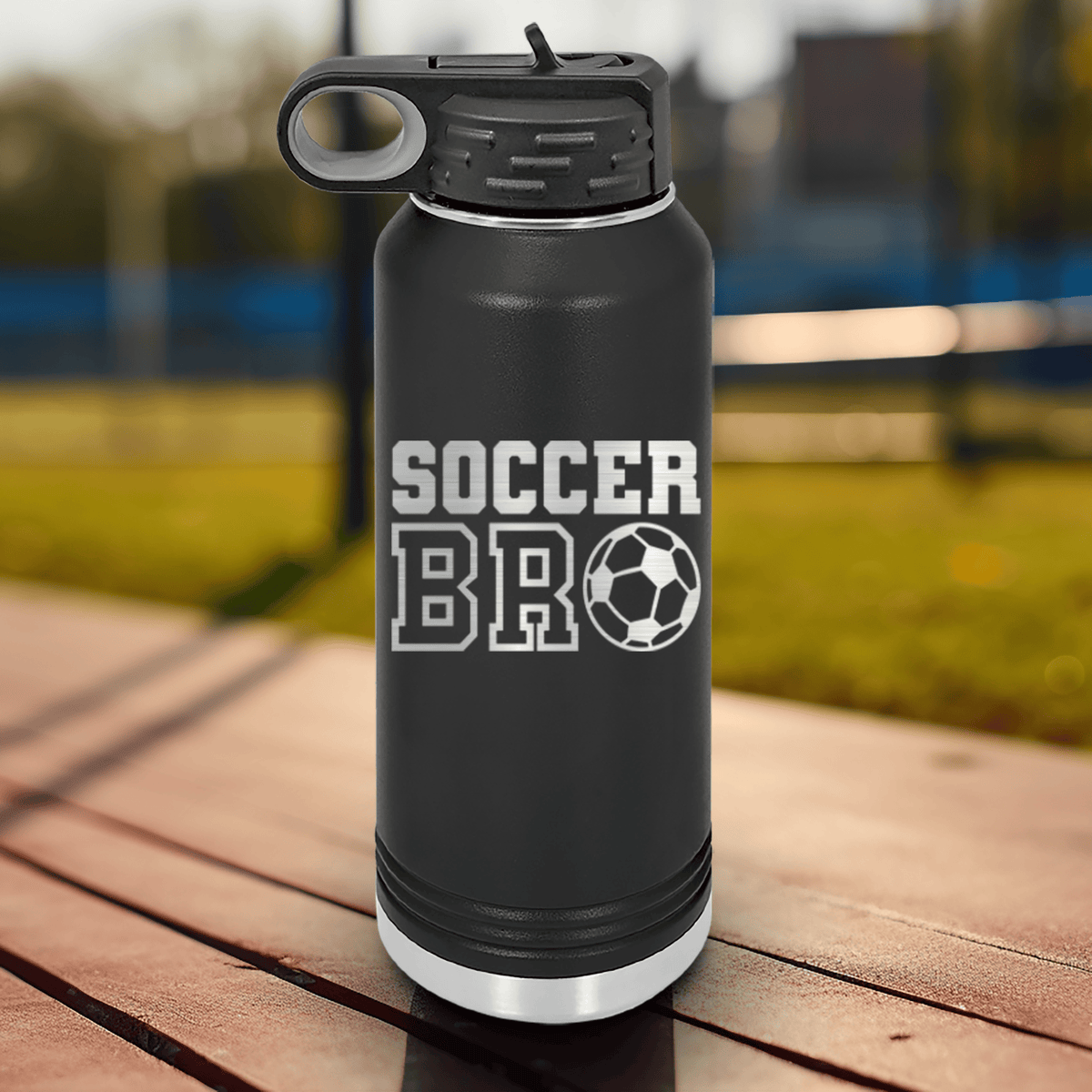 Black Soccer Water Bottle With Brothers Soccer Vibes Design