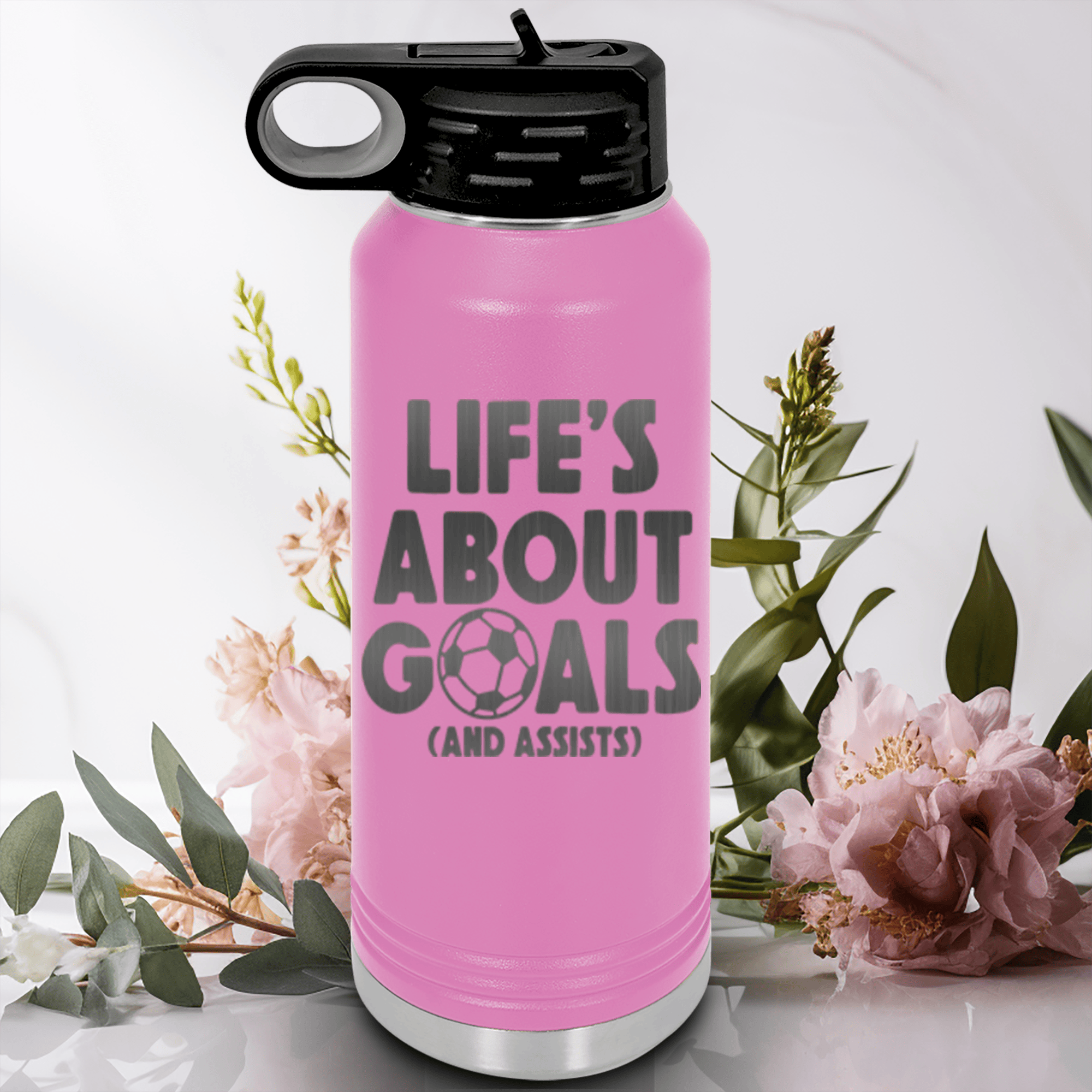 Light Purple Soccer Water Bottle With Celebrating Scores And Teamwork Design