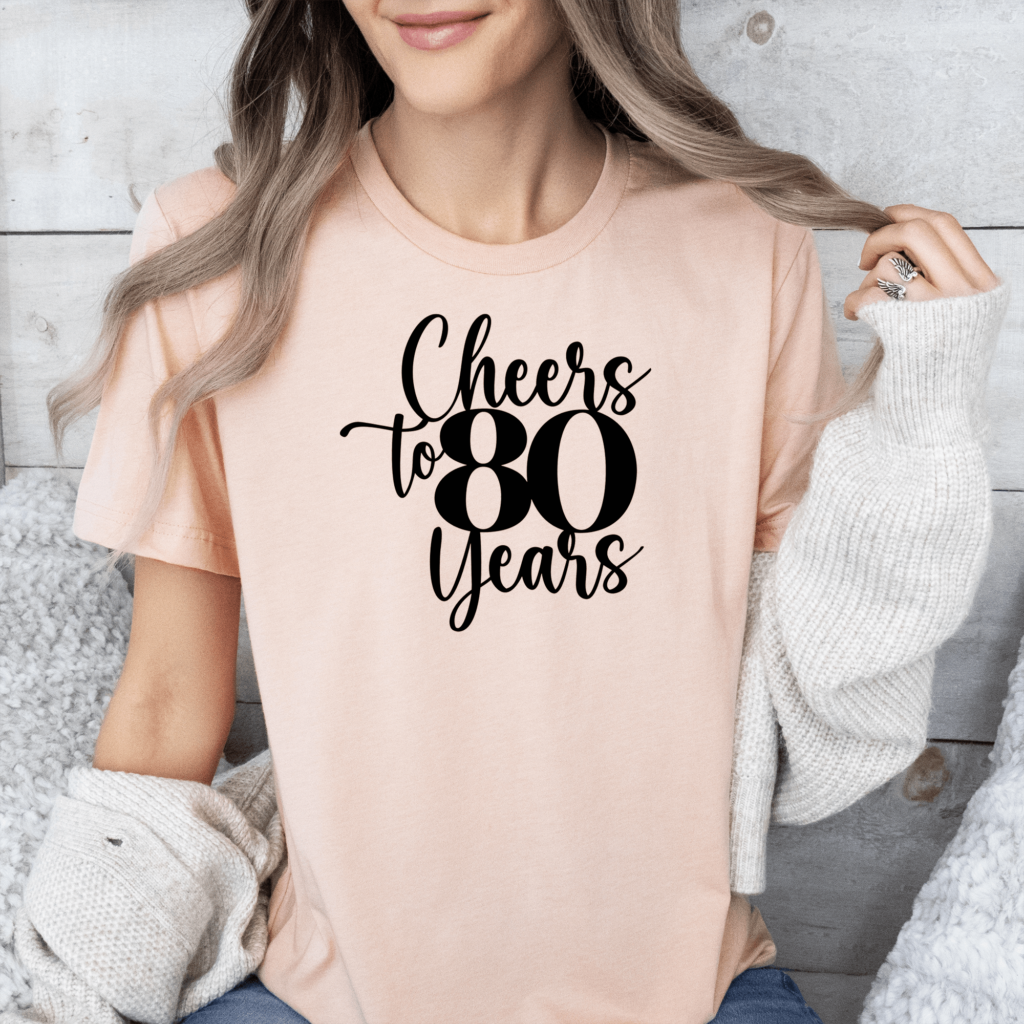 Womens Heather Peach T Shirt with Cheers-To-Eighty-Years design