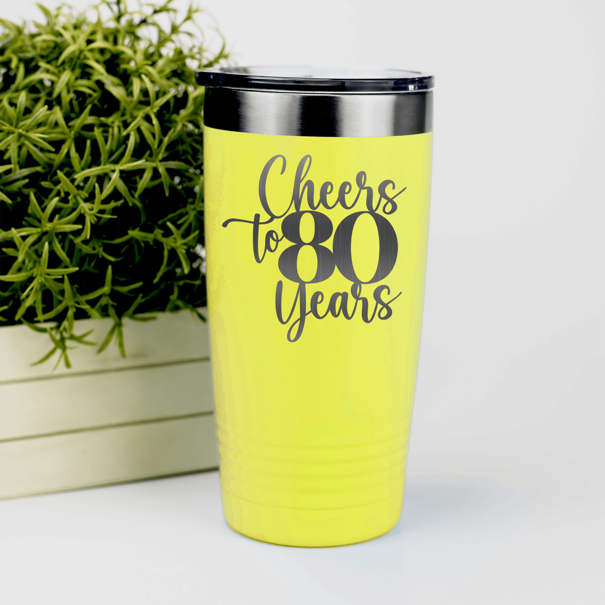 Yellow birthday tumbler Cheers To Eighty Years