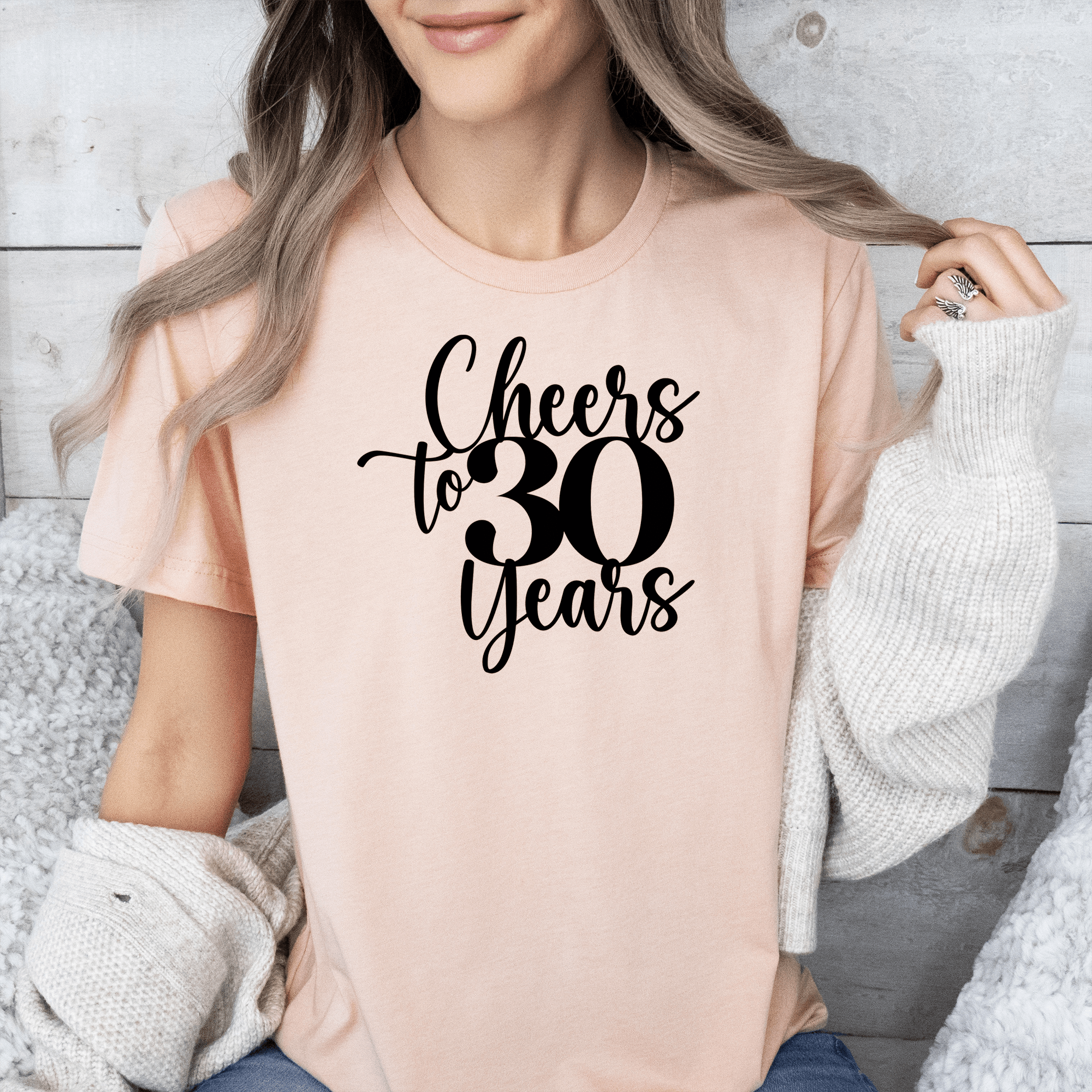 Womens Heather Peach T Shirt with Cheers-To-Thirty-Years design