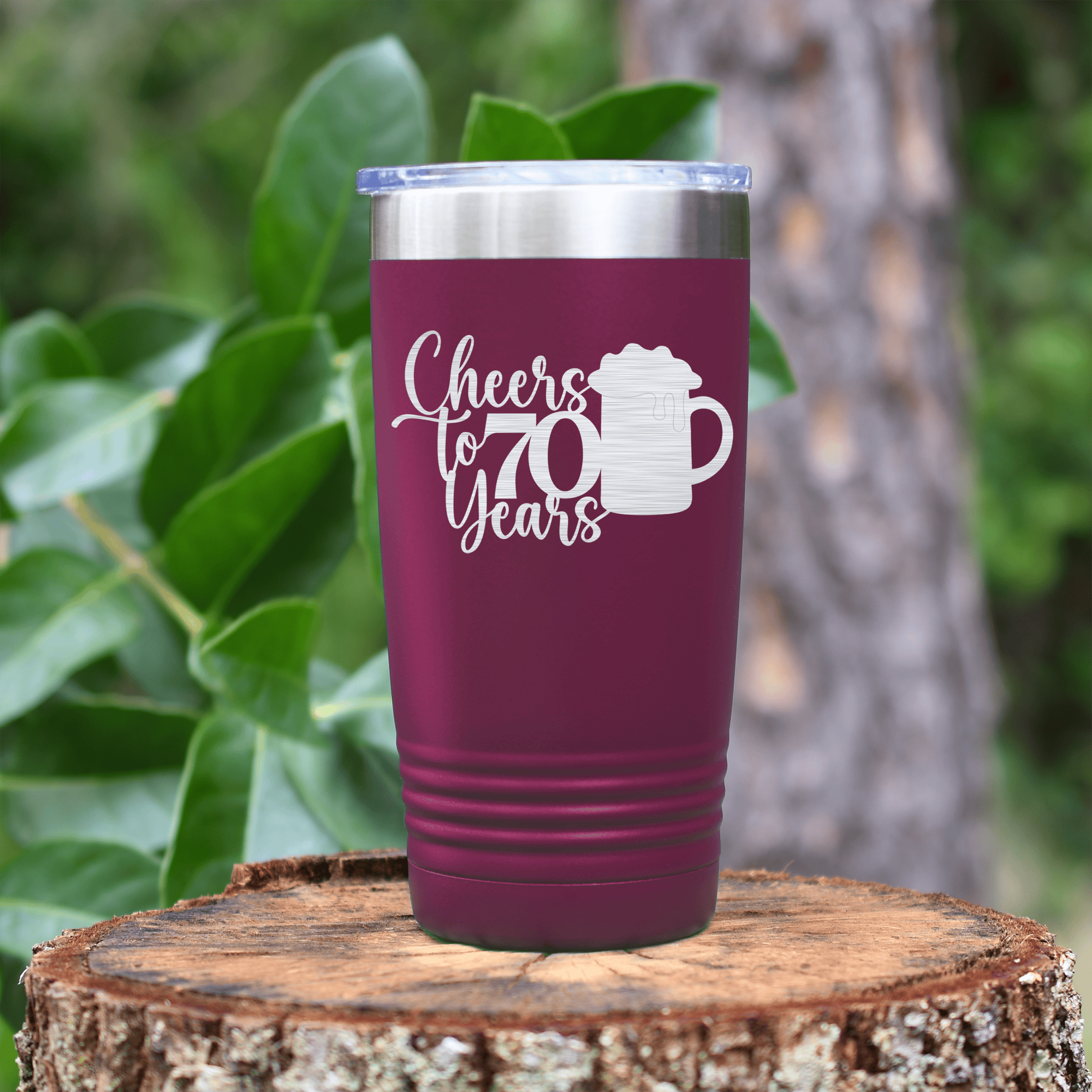 Maroon birthday tumbler Cheers to 70 Years Beer