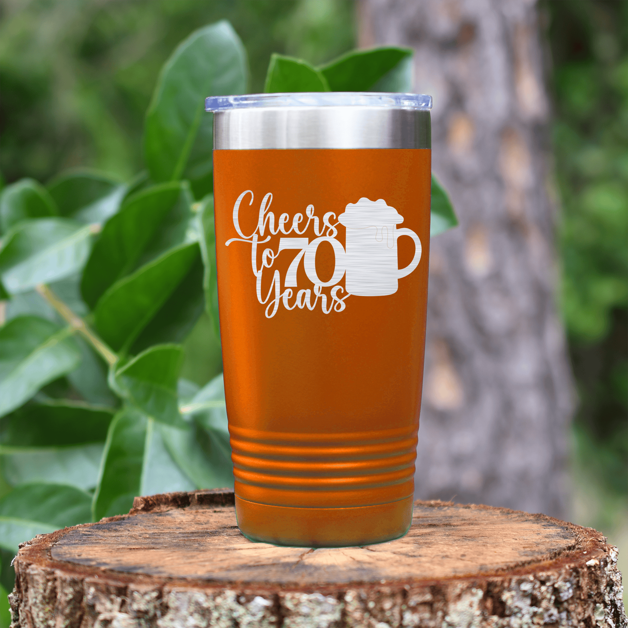 Orange birthday tumbler Cheers to 70 Years Beer