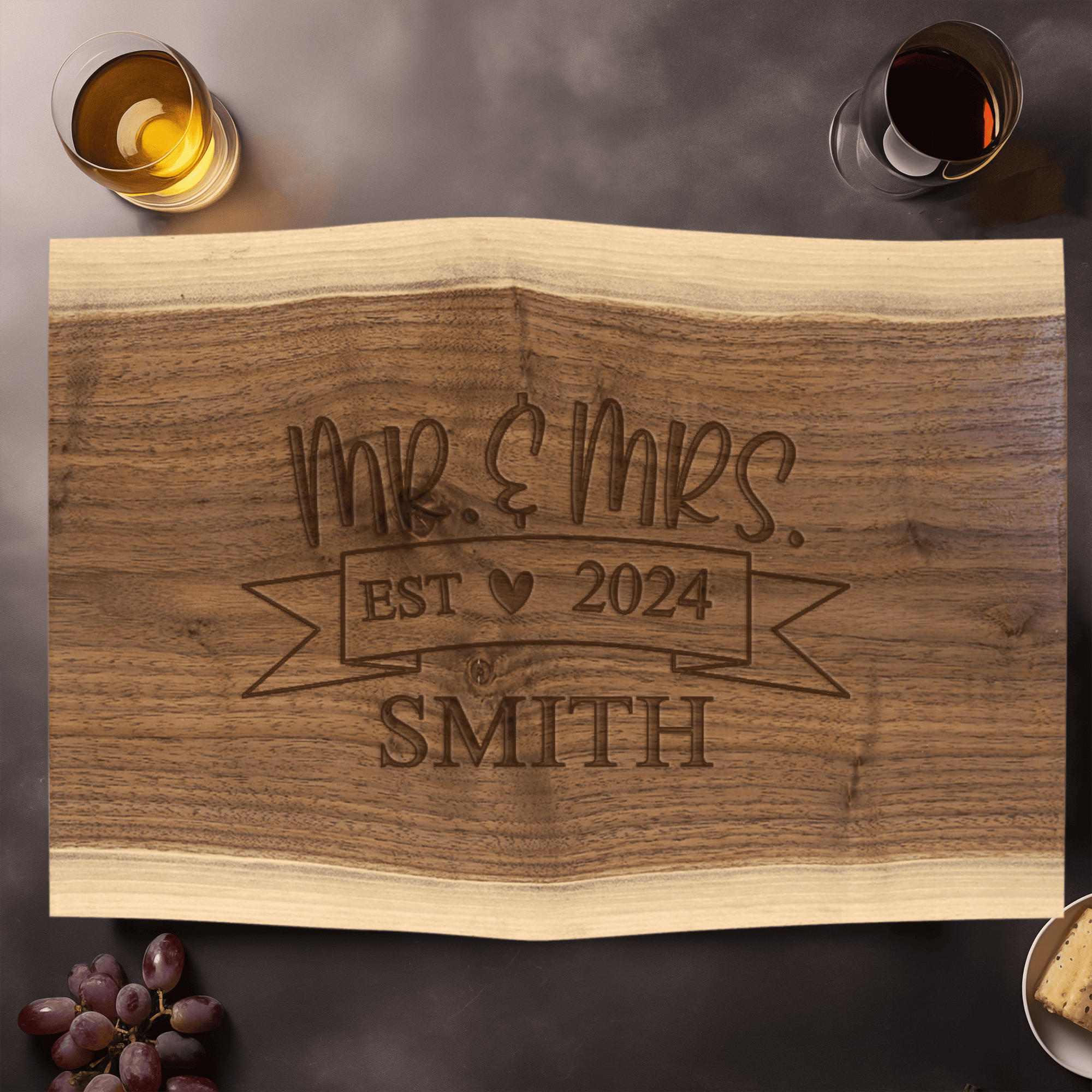 Anniversary Black Walnut Cutting Board With Cherised Memory Banner Design