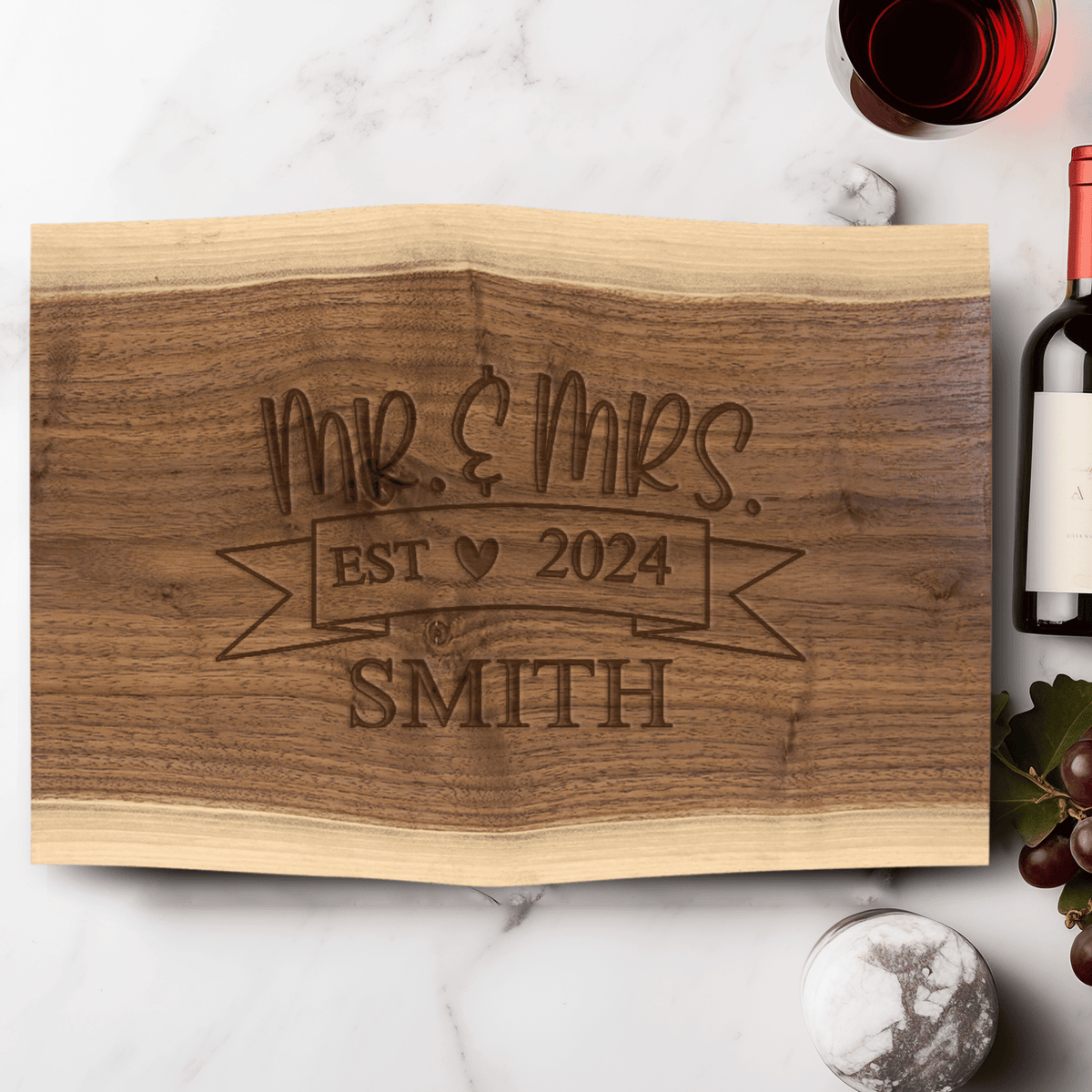 Anniversary Black Walnut Cutting Board With Cherised Memory Banner Design