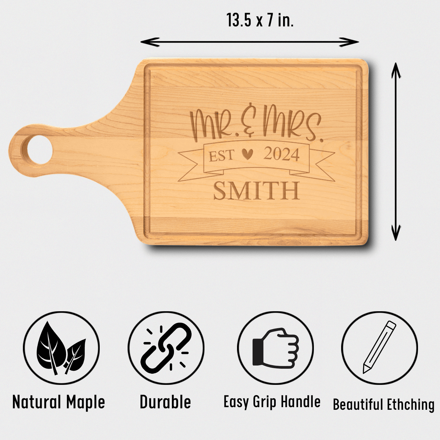 Anniversary Maple Paddle Cutting Board With Cherised Memory Banner Design