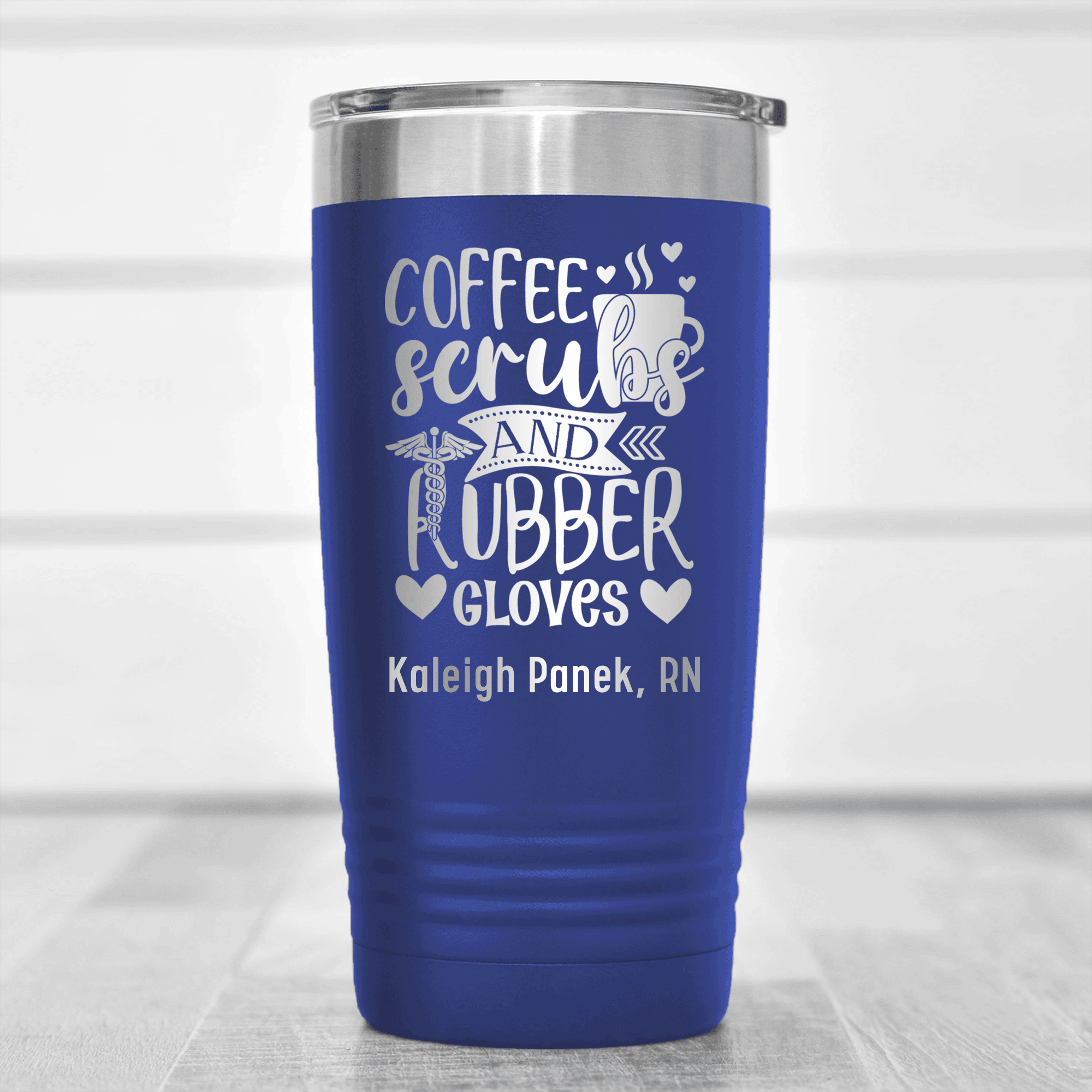 Blue Nurse Tumbler With Coffee Scrubs And Gloves Design