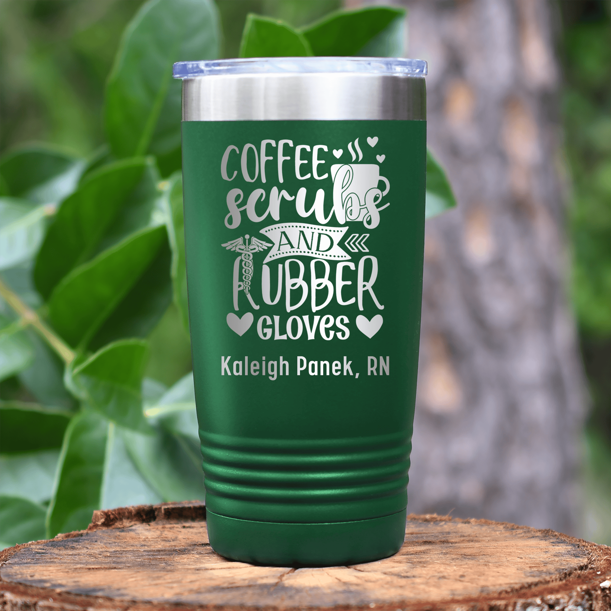 Green Nurse Tumbler With Coffee Scrubs And Gloves Design