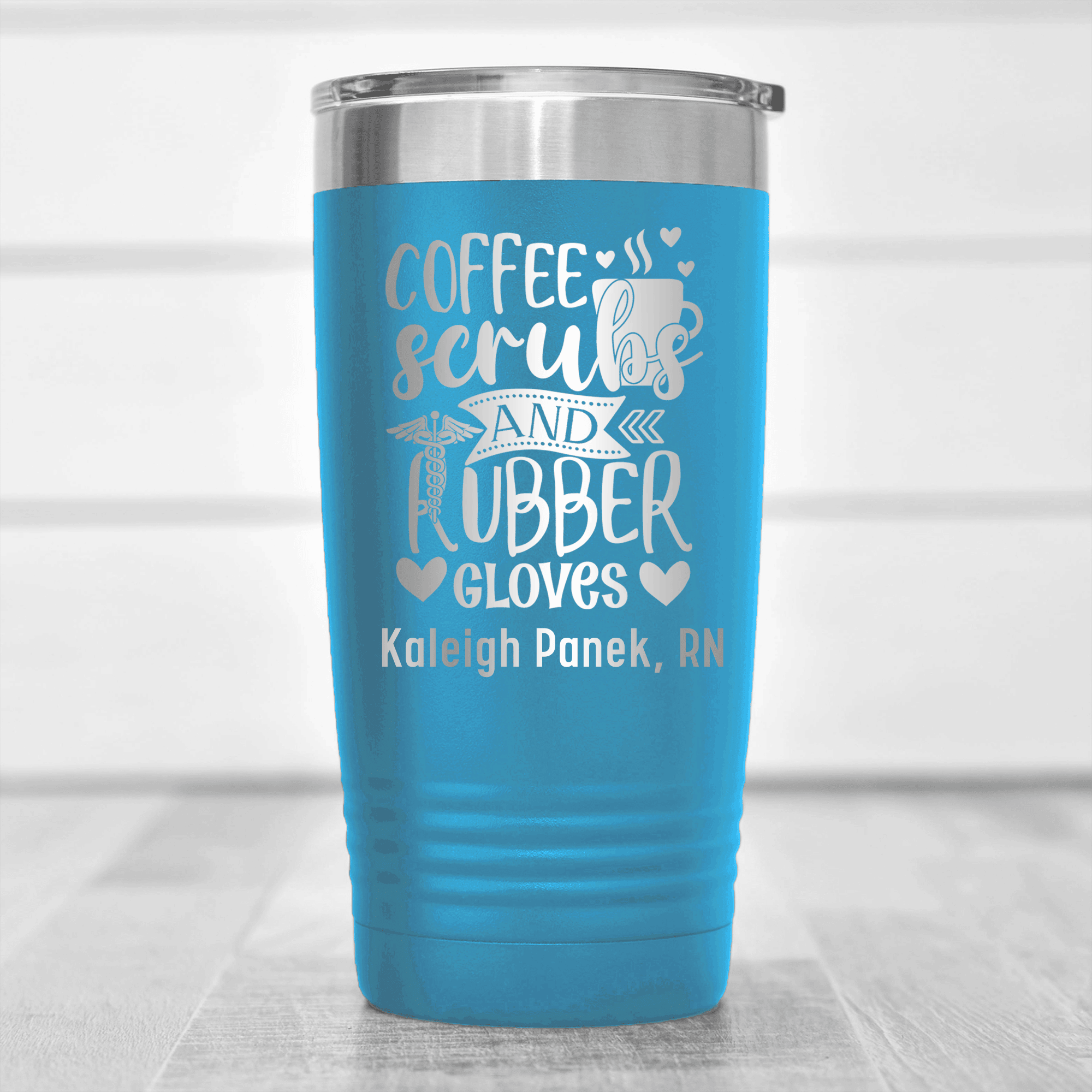 Light Blue Nurse Tumbler With Coffee Scrubs And Gloves Design