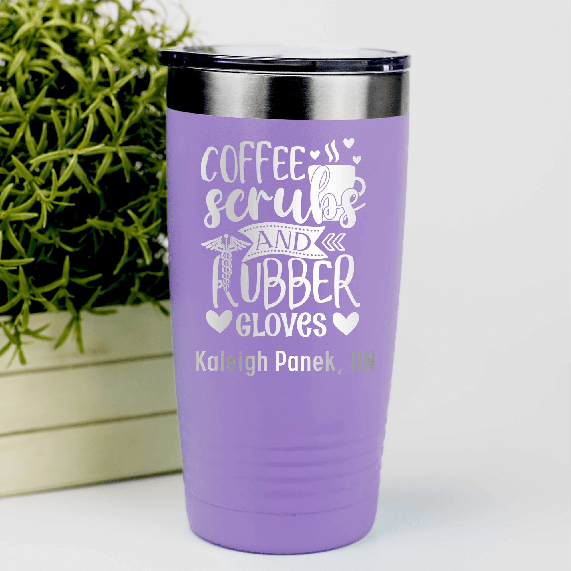 Light Purple Nurse Tumbler With Coffee Scrubs And Gloves Design