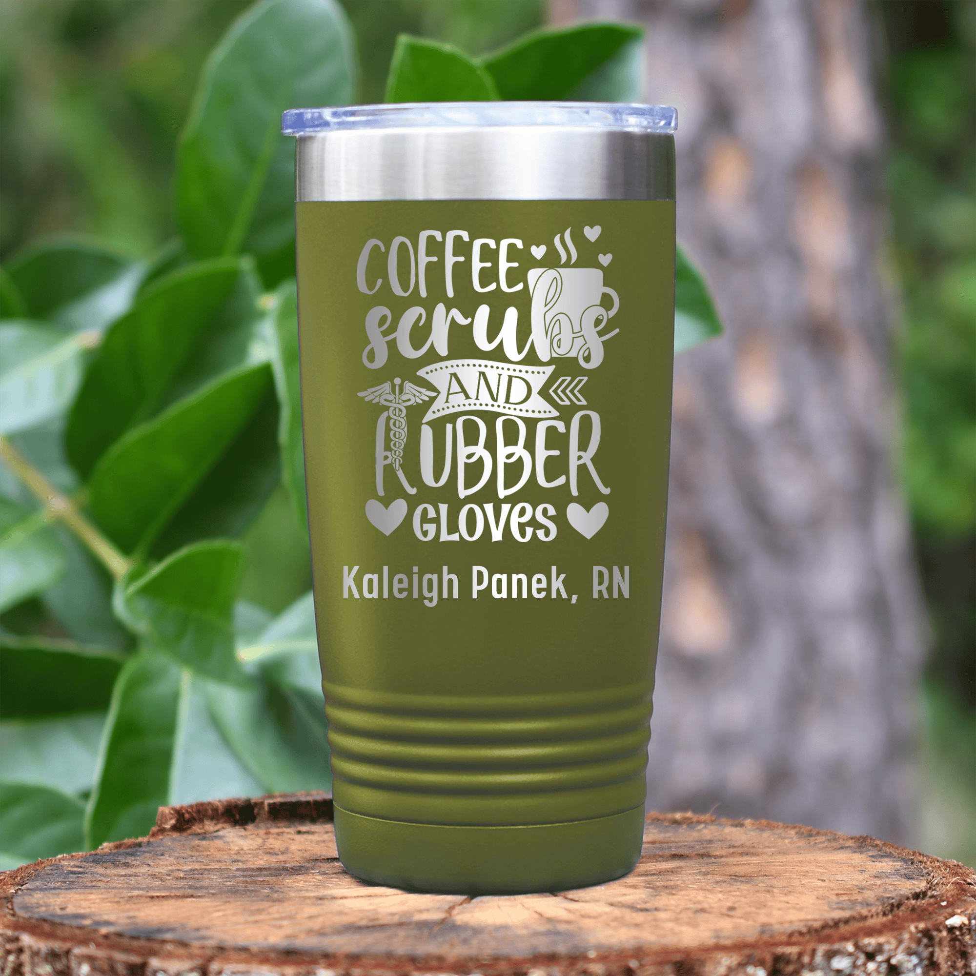 Military Green Nurse Tumbler With Coffee Scrubs And Gloves Design