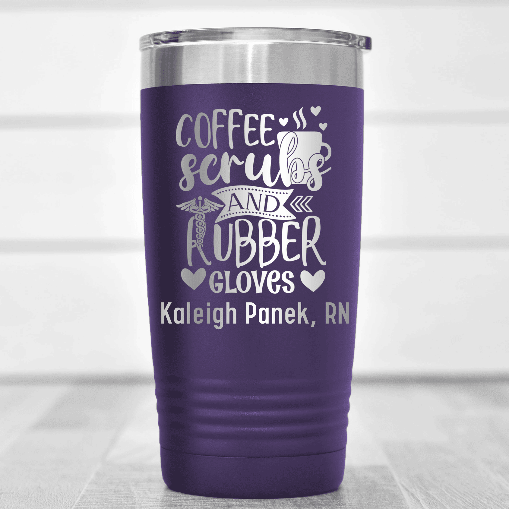 Purple Nurse Tumbler With Coffee Scrubs And Gloves Design