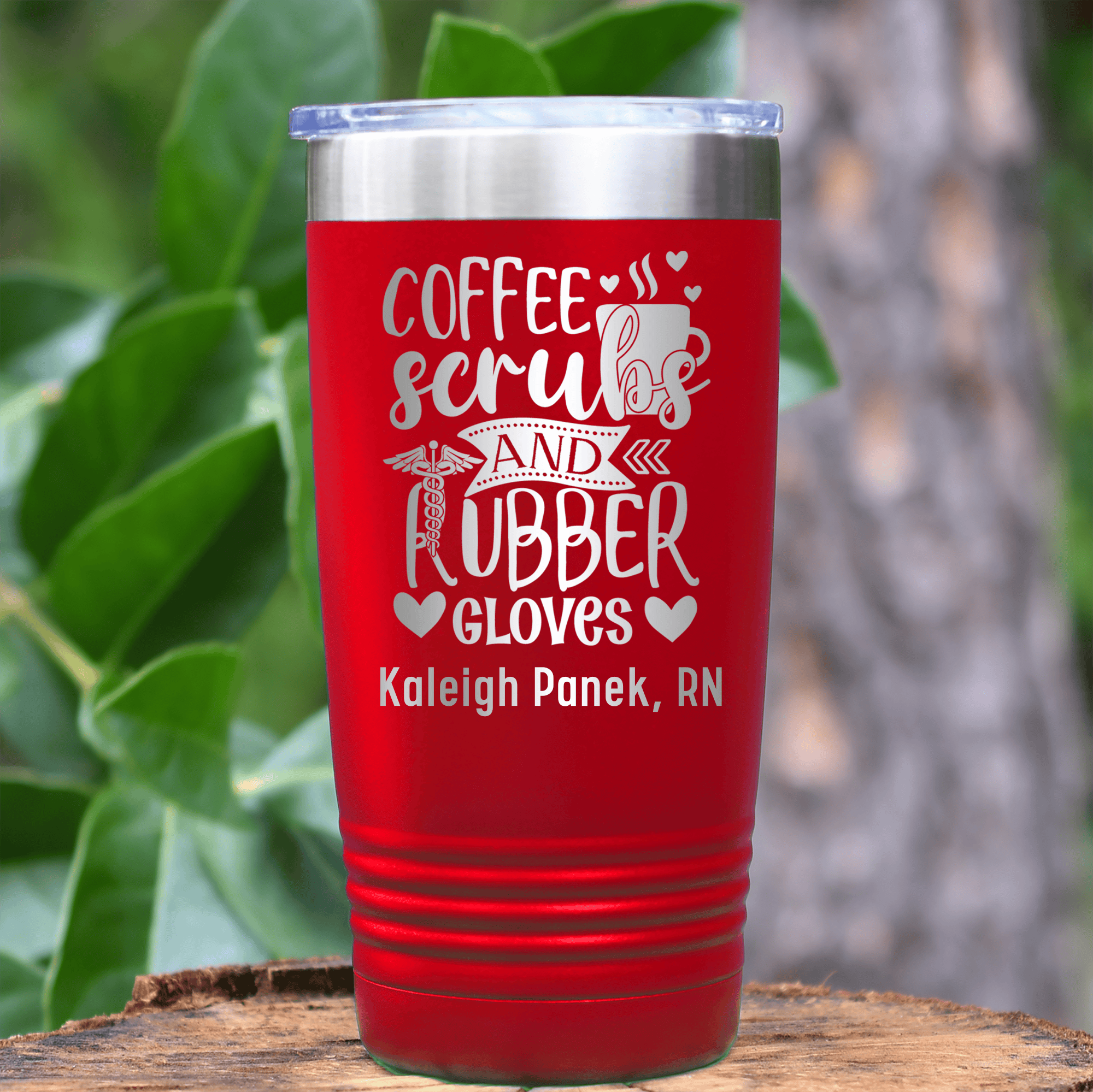 Red Nurse Tumbler With Coffee Scrubs And Gloves Design