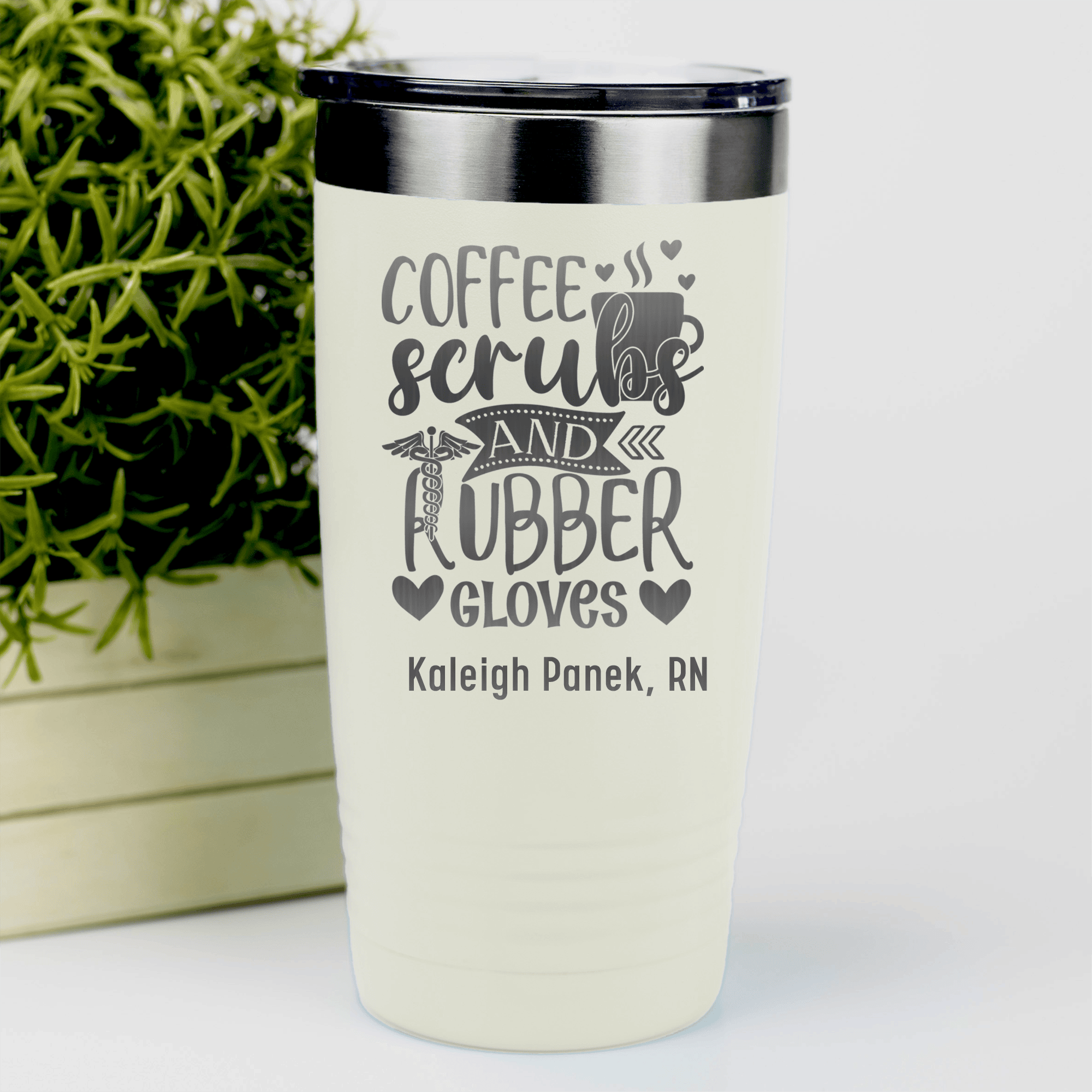 White Nurse Tumbler With Coffee Scrubs And Gloves Design